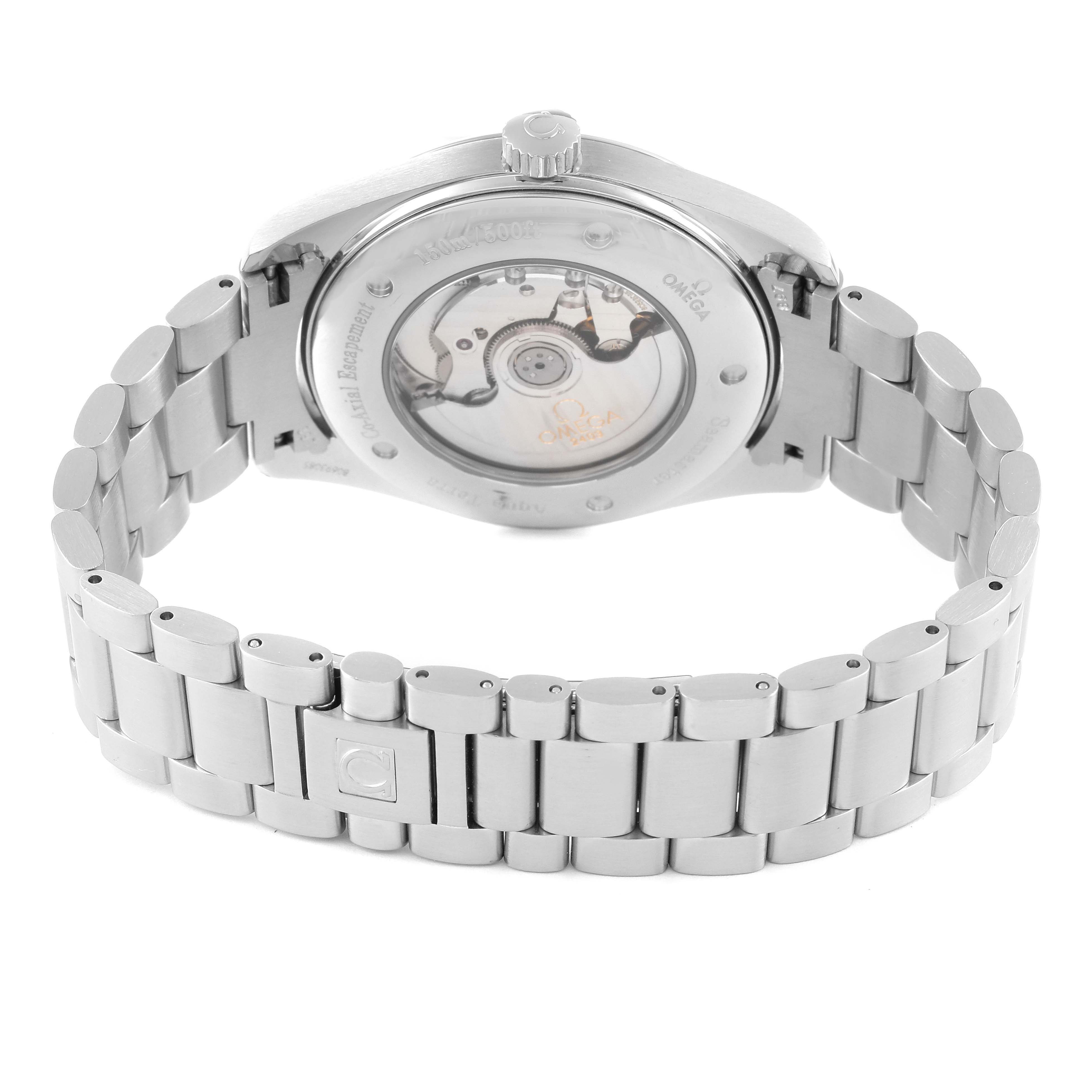 This image shows the back and bracelet of the Omega Aqua Terra 2502.52.00 Men's Stainless Steel Black Dial 2502.52.00 Men's Stainless Steel Black Dial watch, including the transparent case back revealing the movement.