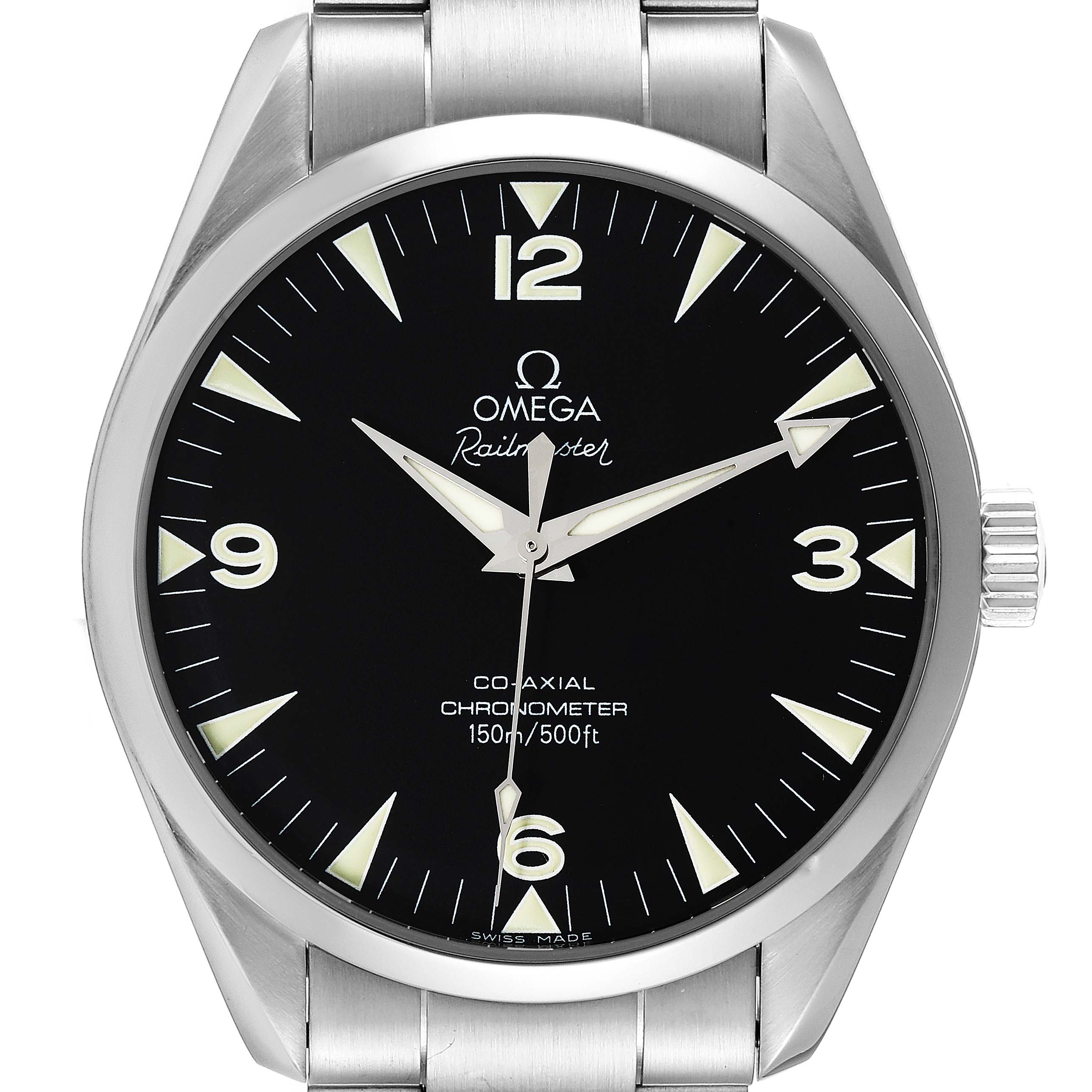 This image shows a front view of the Omega Aqua Terra 2502.52.00 Men's Stainless Steel Black Dial 2502.52.00 Men's Stainless Steel Black Dial Railmaster watch, displaying its face and part of its stainless steel bracelet.