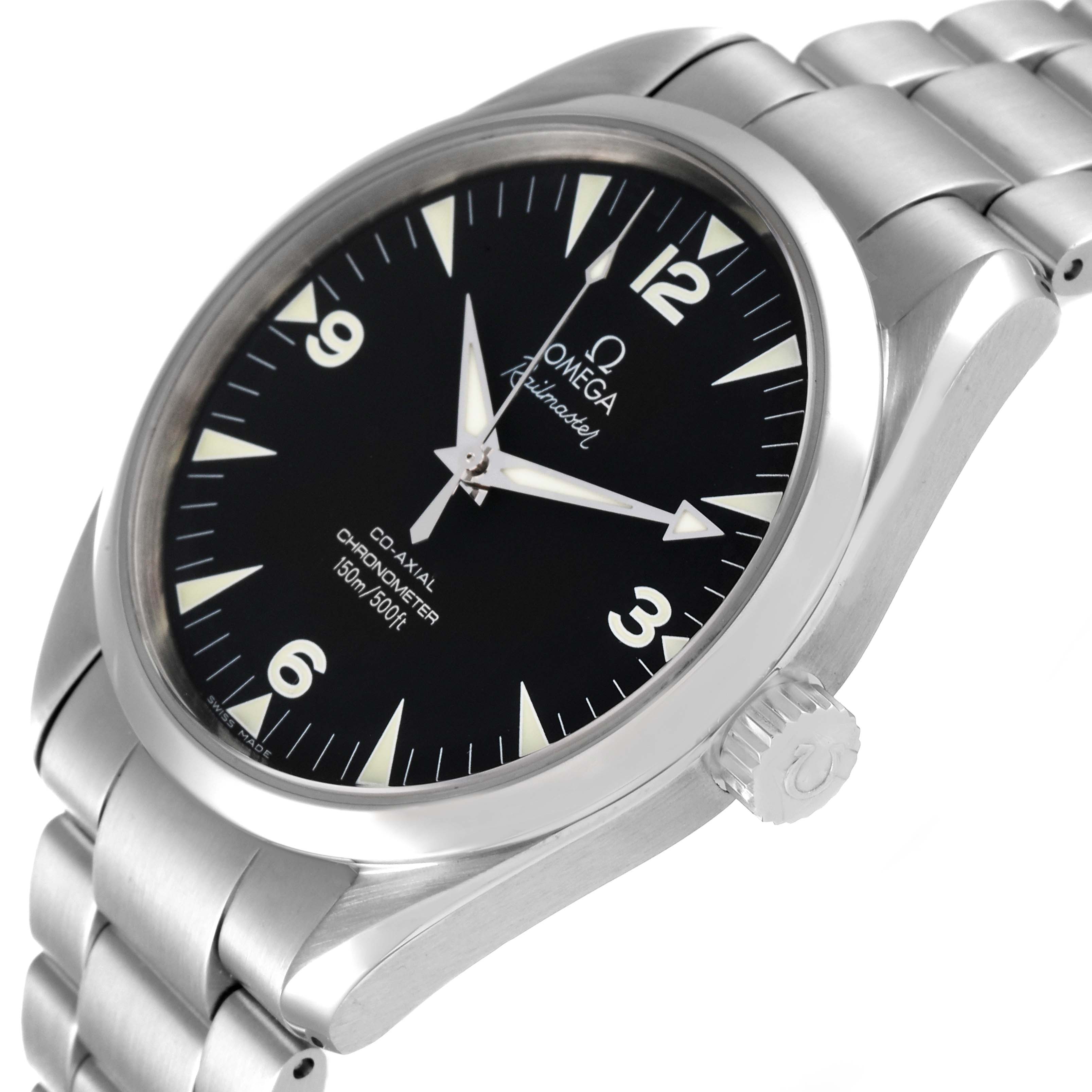 The Omega Aqua Terra 2502.52.00 Men's Stainless Steel Black Dial 2502.52.00 Men's Stainless Steel Black Dial watch is shown at a slight angle, highlighting the dial, crown, and bracelet.