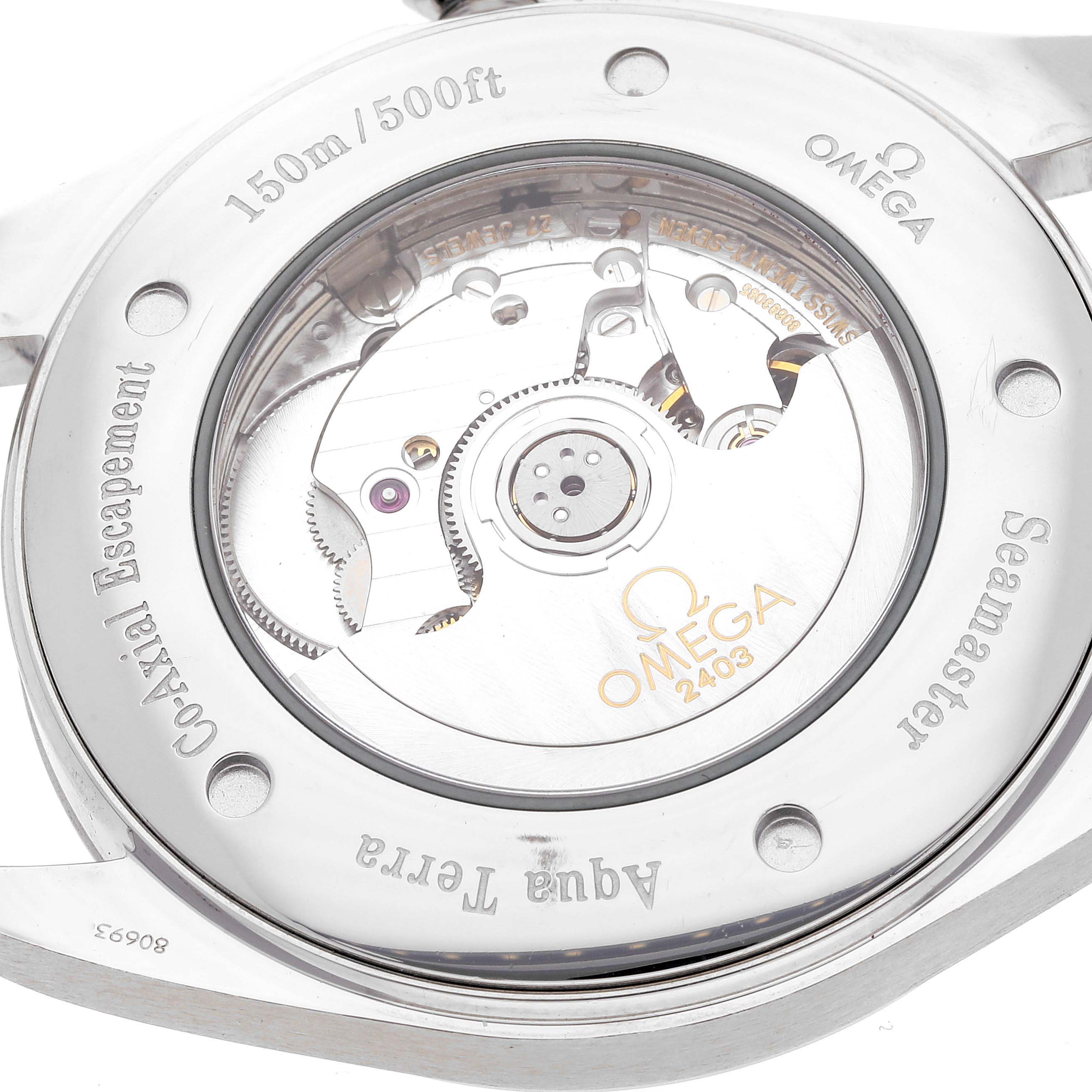 The image shows the back view of the Omega Seamaster Aqua Terra watch, highlighting its Co-Axial escapement mechanism.