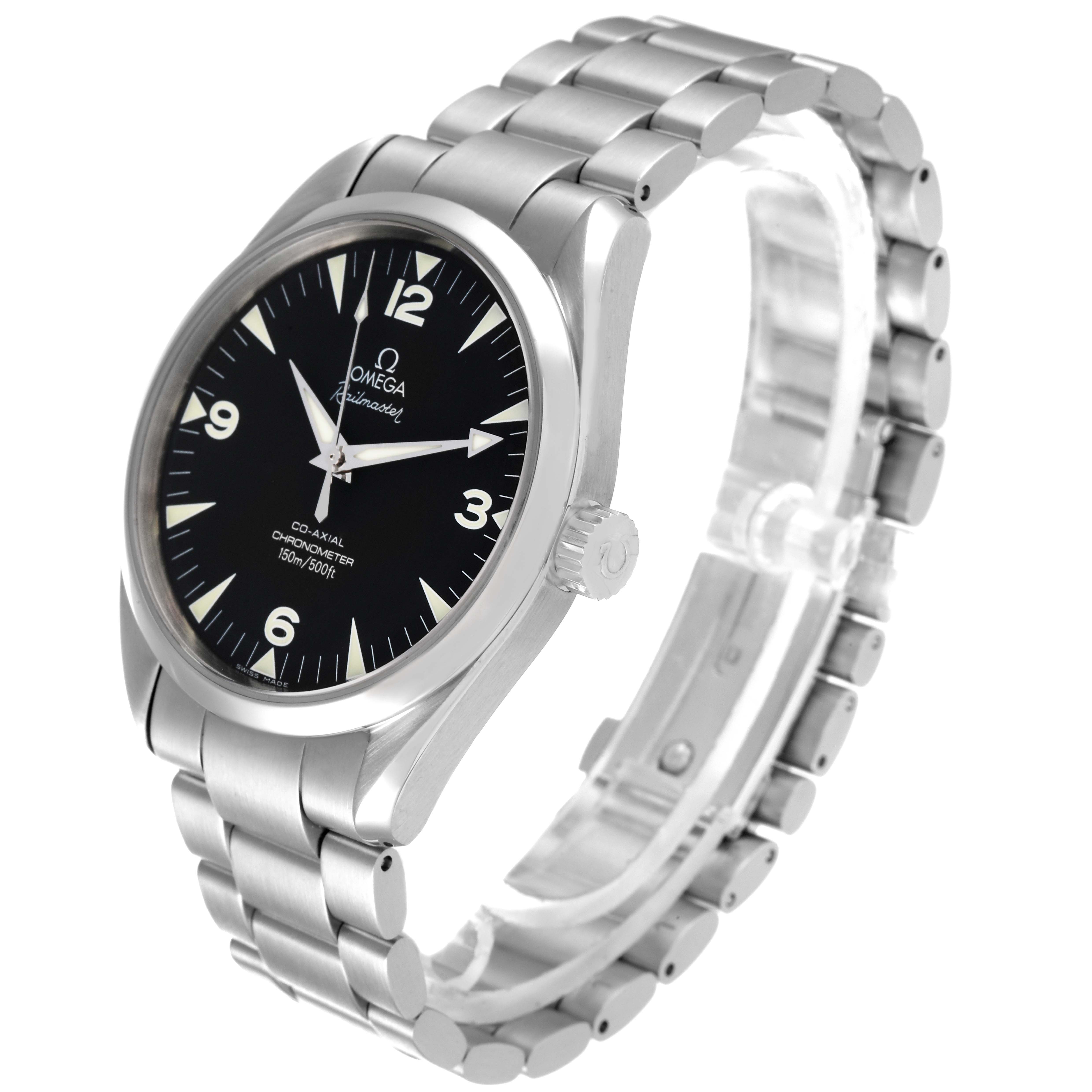 The image shows a side angle of the Omega Aqua Terra 2502.52.00 Men's Stainless Steel Black Dial 2502.52.00 Men's Stainless Steel Black Dial watch, highlighting its face, crown, and metal bracelet.