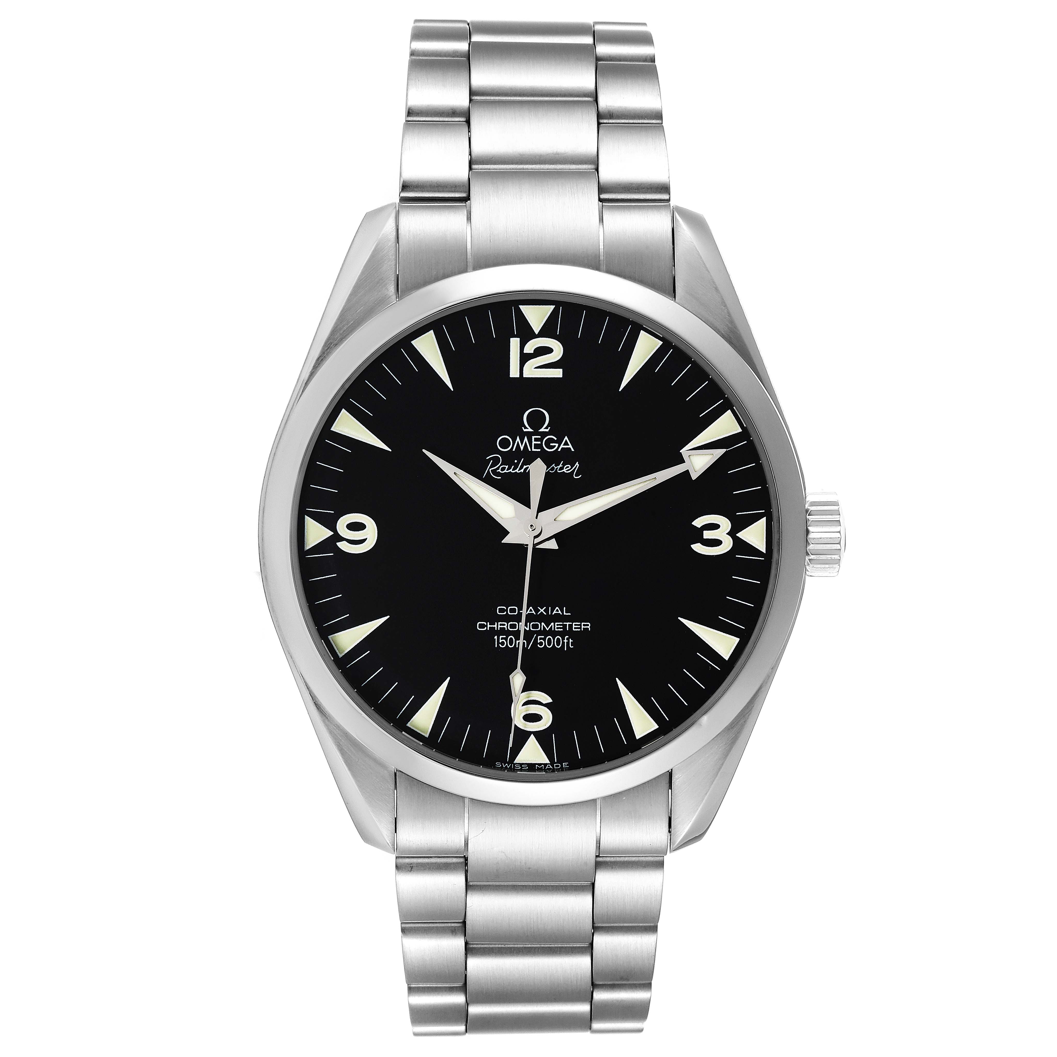 The image shows a front view of the Omega Aqua Terra 2502.52.00 Men's Stainless Steel Black Dial 2502.52.00 Men's Stainless Steel Black Dial watch, displaying the dial, hands, and metal bracelet.