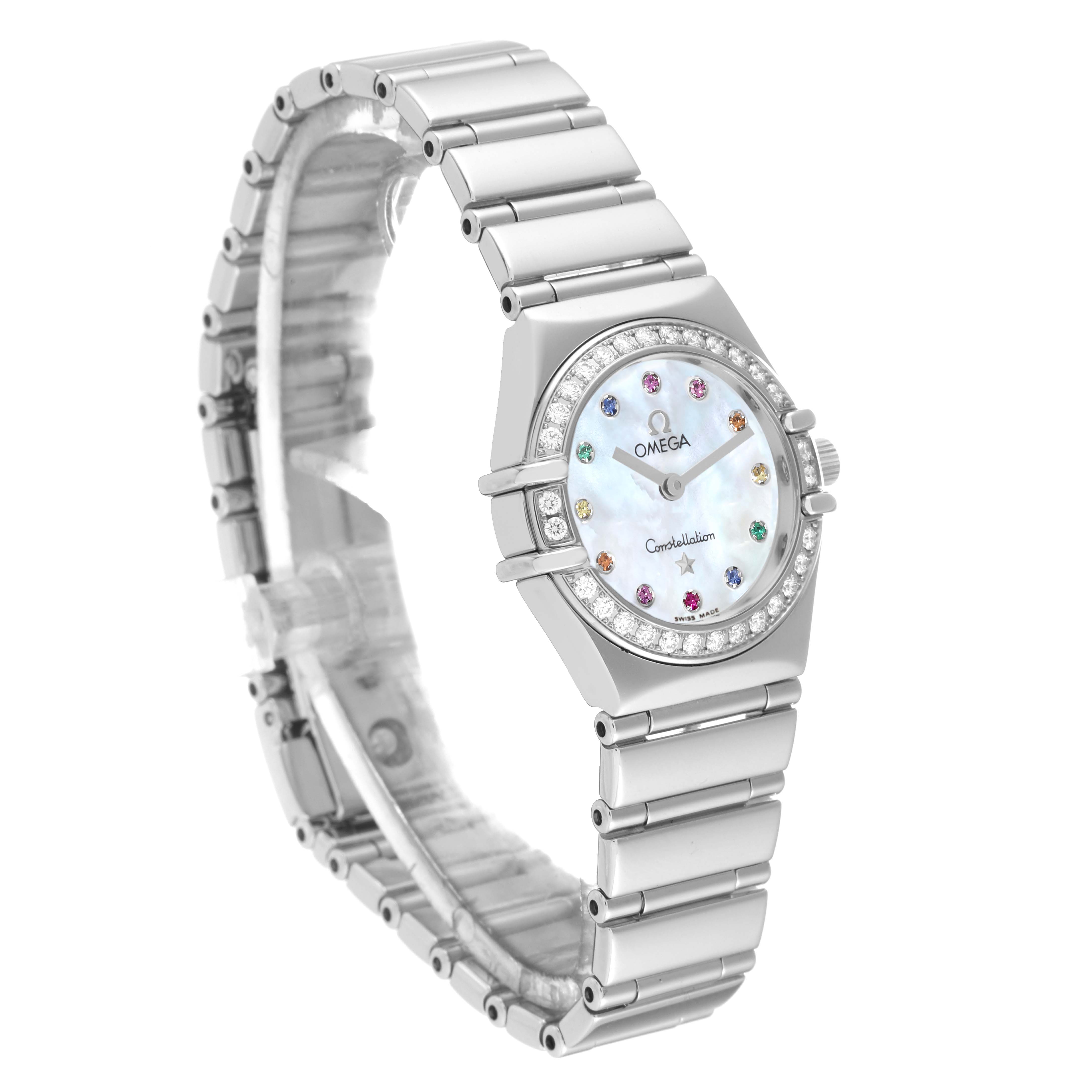 The Omega 1465.79.00 Women's Stainless Steel Mother of Pearl Dial 1465.79.00 Women's Stainless Steel Mother of Pearl Dial Constellation Iris 1465.79.00 watch is shown from a side angle, displaying the face and bracelet.