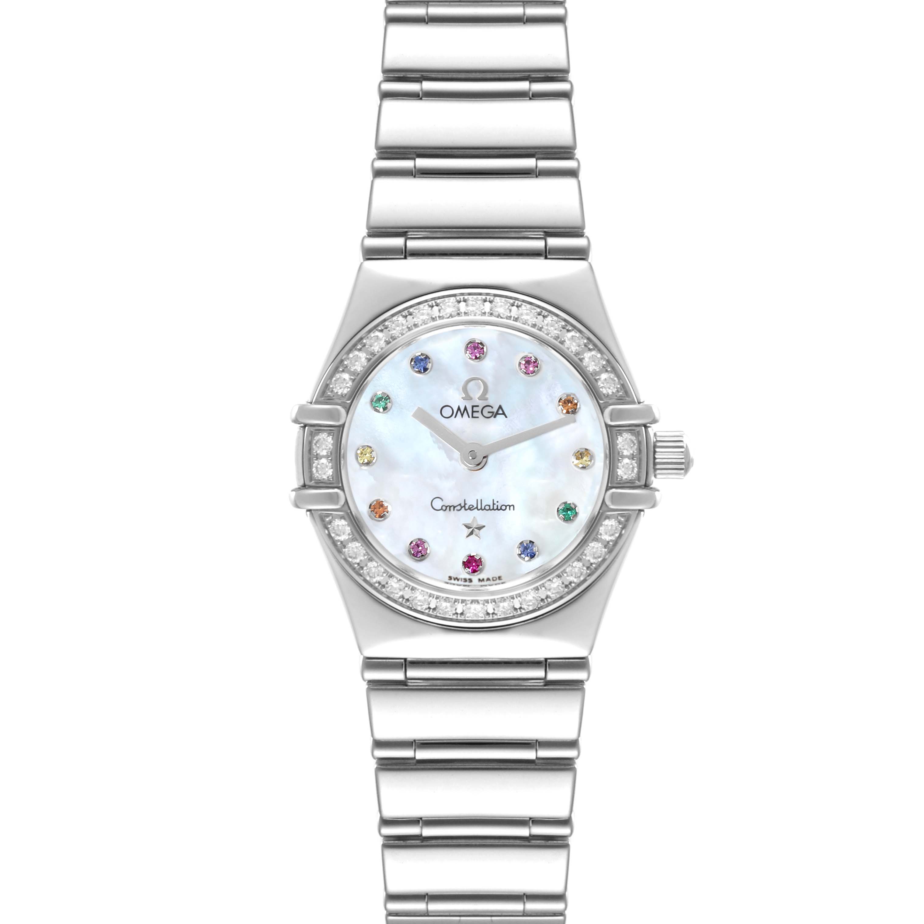 This image shows a frontal view of the Omega 1465.79.00 Women's Stainless Steel Mother of Pearl Dial 1465.79.00 Women's Stainless Steel Mother of Pearl Dial Constellation Iris Rainbow Diamond Steel Ladies Watch 1465.79.00 with a full bracelet and watch face visible.