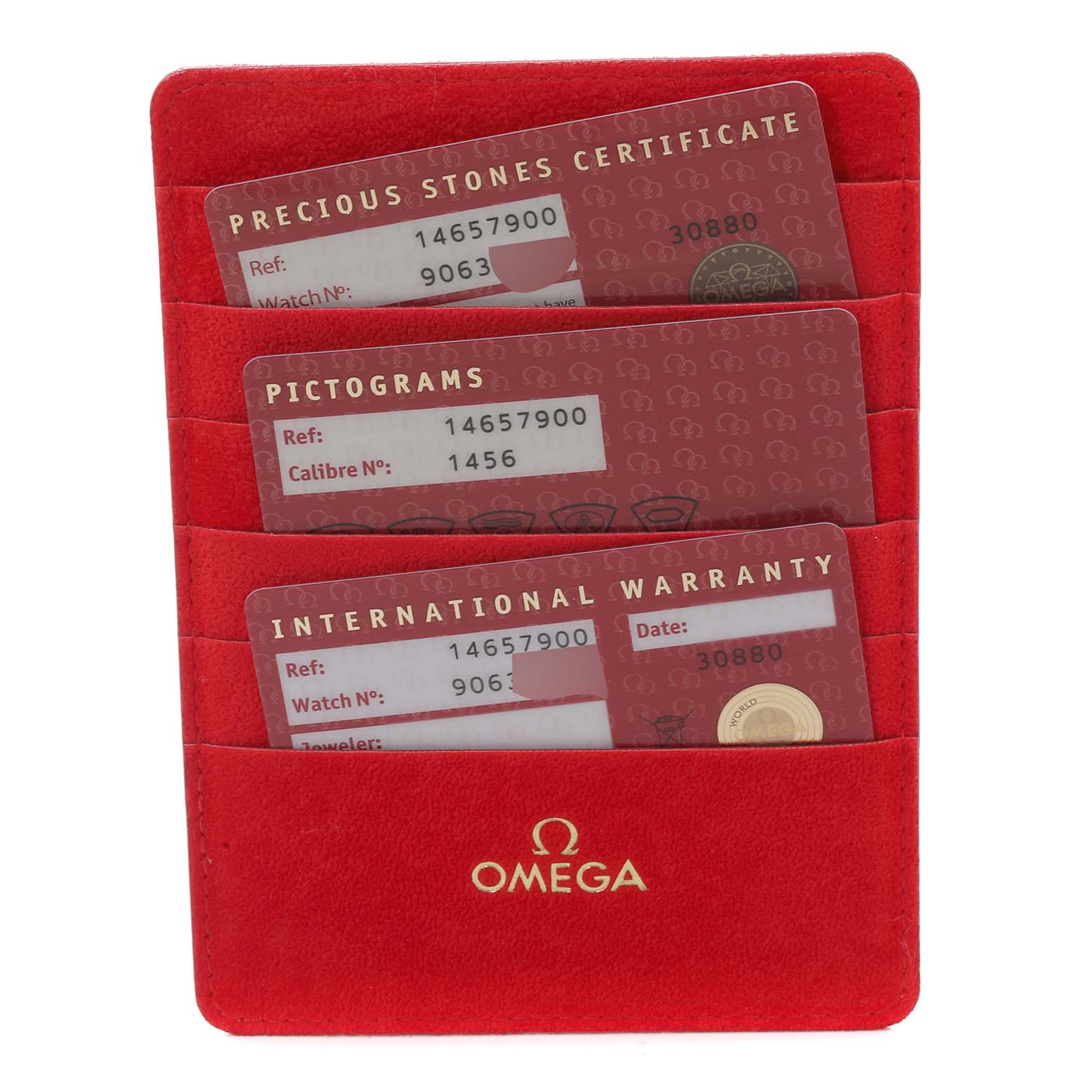 The image shows the certification and warranty cards for the Omega 1465.79.00 Women's Stainless Steel Mother of Pearl Dial 1465.79.00 Women's Stainless Steel Mother of Pearl Dial Constellation Iris Mother Of Pearl Diamond Steel Ladies Watch 1465.79.00.