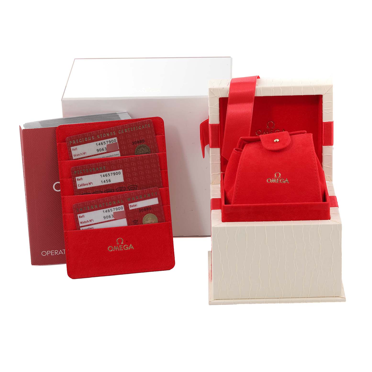 The image shows the packaging, cards, and red storage pouch for the Omega 1465.79.00 Women's Stainless Steel Mother of Pearl Dial 1465.79.00 Women's Stainless Steel Mother of Pearl Dial Constellation Iris Mother Of Pearl Diamond Steel Ladies Watch 1465.79.00.