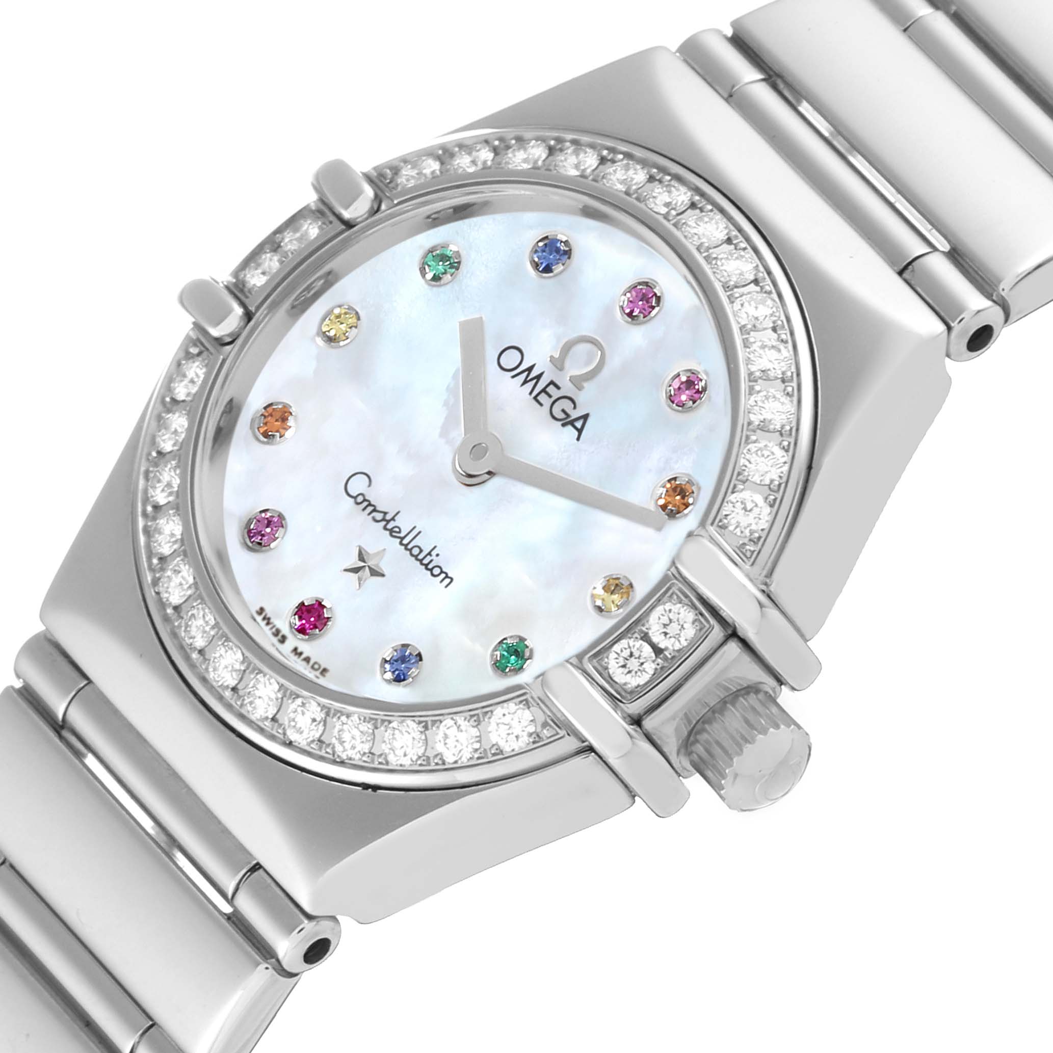 The image shows an angled view of the Omega 1465.79.00 Women's Stainless Steel Mother of Pearl Dial 1465.79.00 Women's Stainless Steel Mother of Pearl Dial Constellation Iris Mother Of Pearl Diamond Steel Ladies Watch 1465.79.00, highlighting the dial and part of the bracelet.