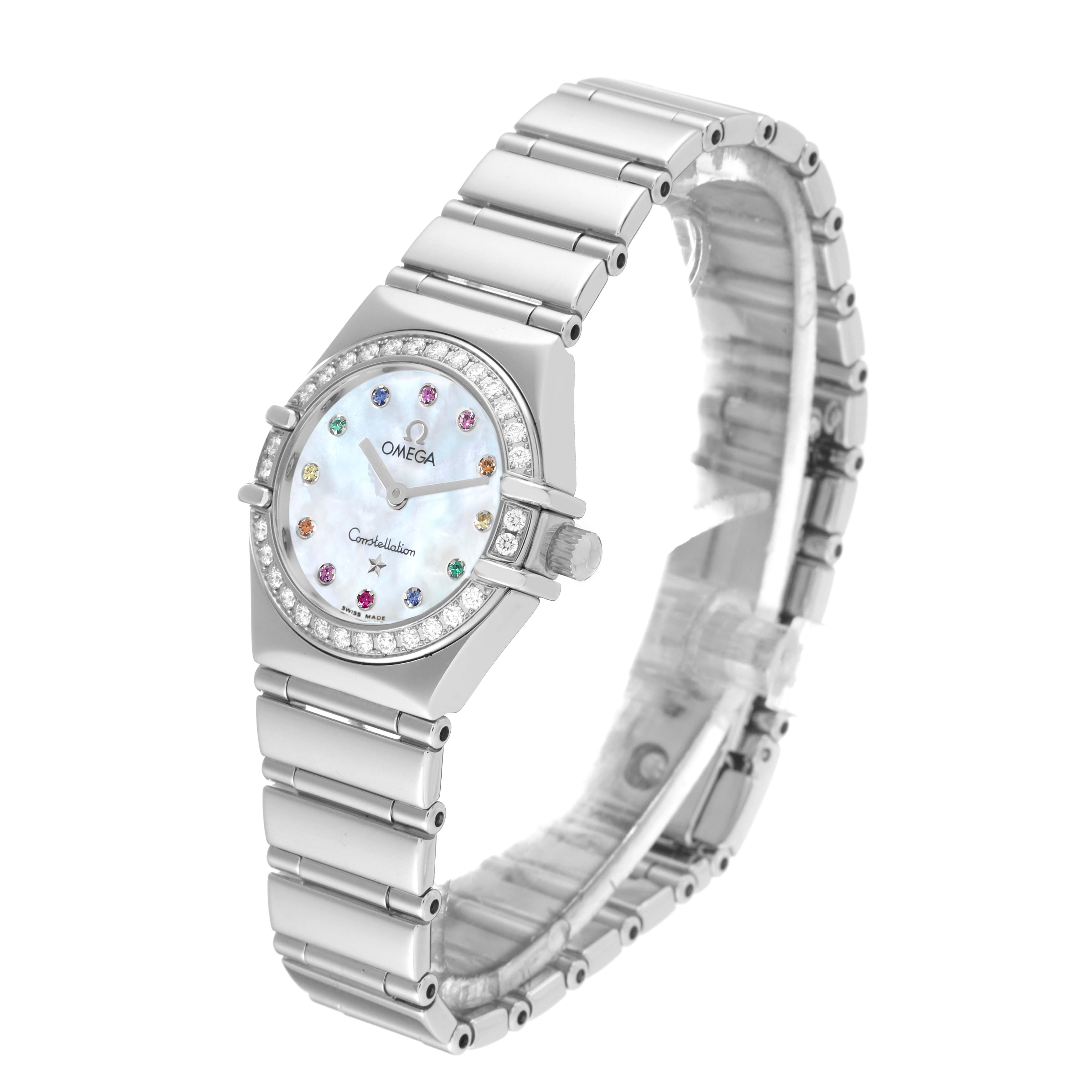 The image shows an angled view of the Omega 1465.79.00 Women's Stainless Steel Mother of Pearl Dial 1465.79.00 Women's Stainless Steel Mother of Pearl Dial Constellation Iris Mother Of Pearl Diamond Steel Ladies Watch 1465.79.00, with its face and bracelet.