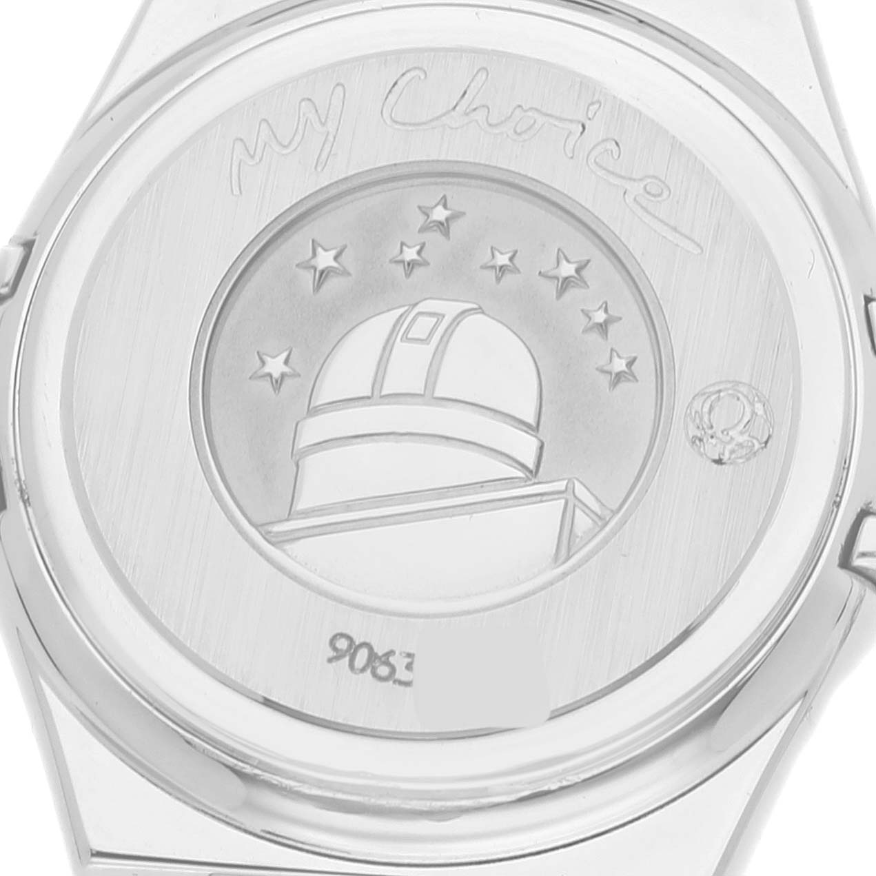 This image shows the back case of the Omega 1465.79.00 Women's Stainless Steel Mother of Pearl Dial 1465.79.00 Women's Stainless Steel Mother of Pearl Dial Constellation Iris Mother Of Pearl Diamond Steel Ladies Watch 1465.79.00 with the engraved emblem.