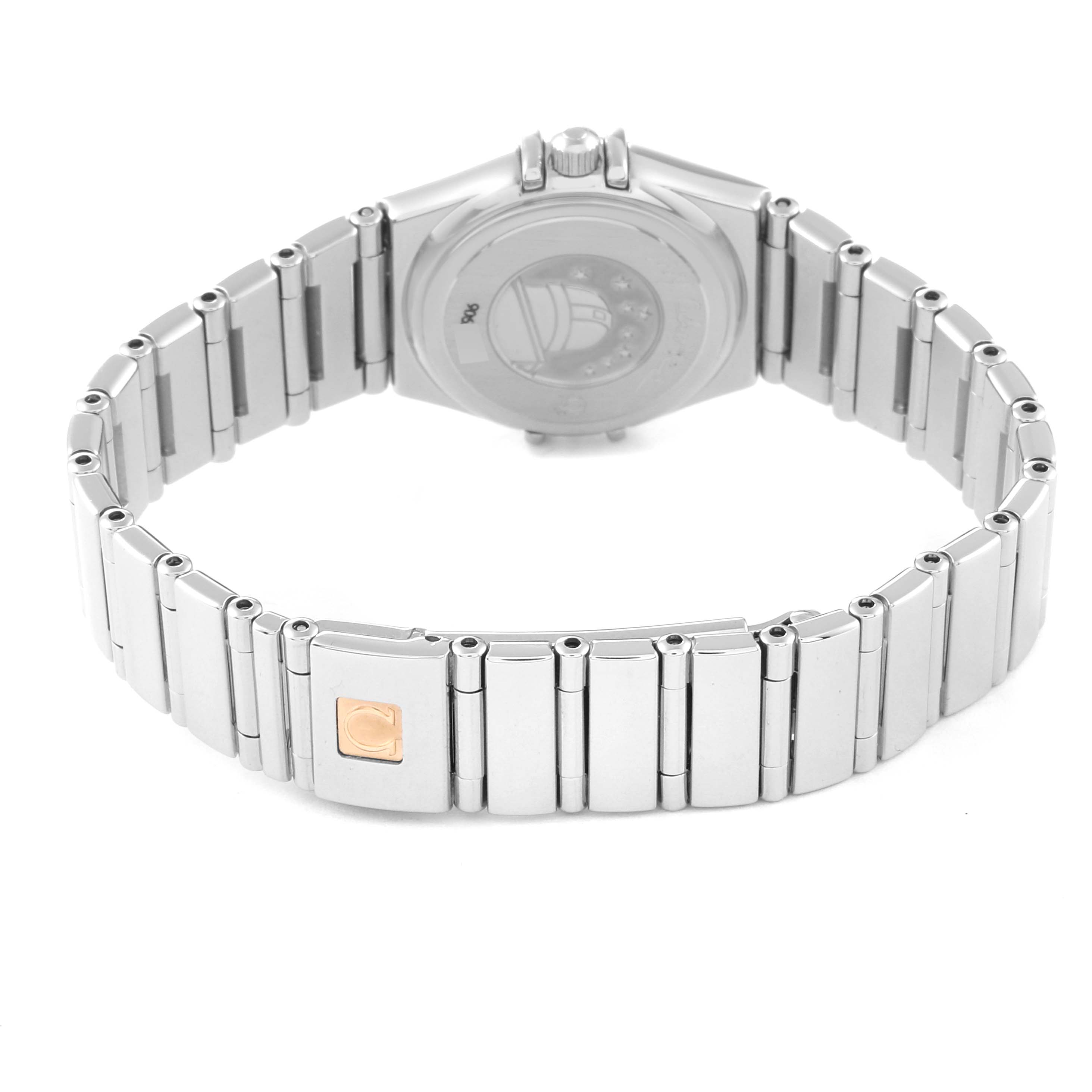 The image shows the back view of the Omega 1465.79.00 Women's Stainless Steel Mother of Pearl Dial 1465.79.00 Women's Stainless Steel Mother of Pearl Dial Constellation Iris Mother Of Pearl Diamond Steel Ladies Watch 1465.79.00 with its bracelet and clasp.