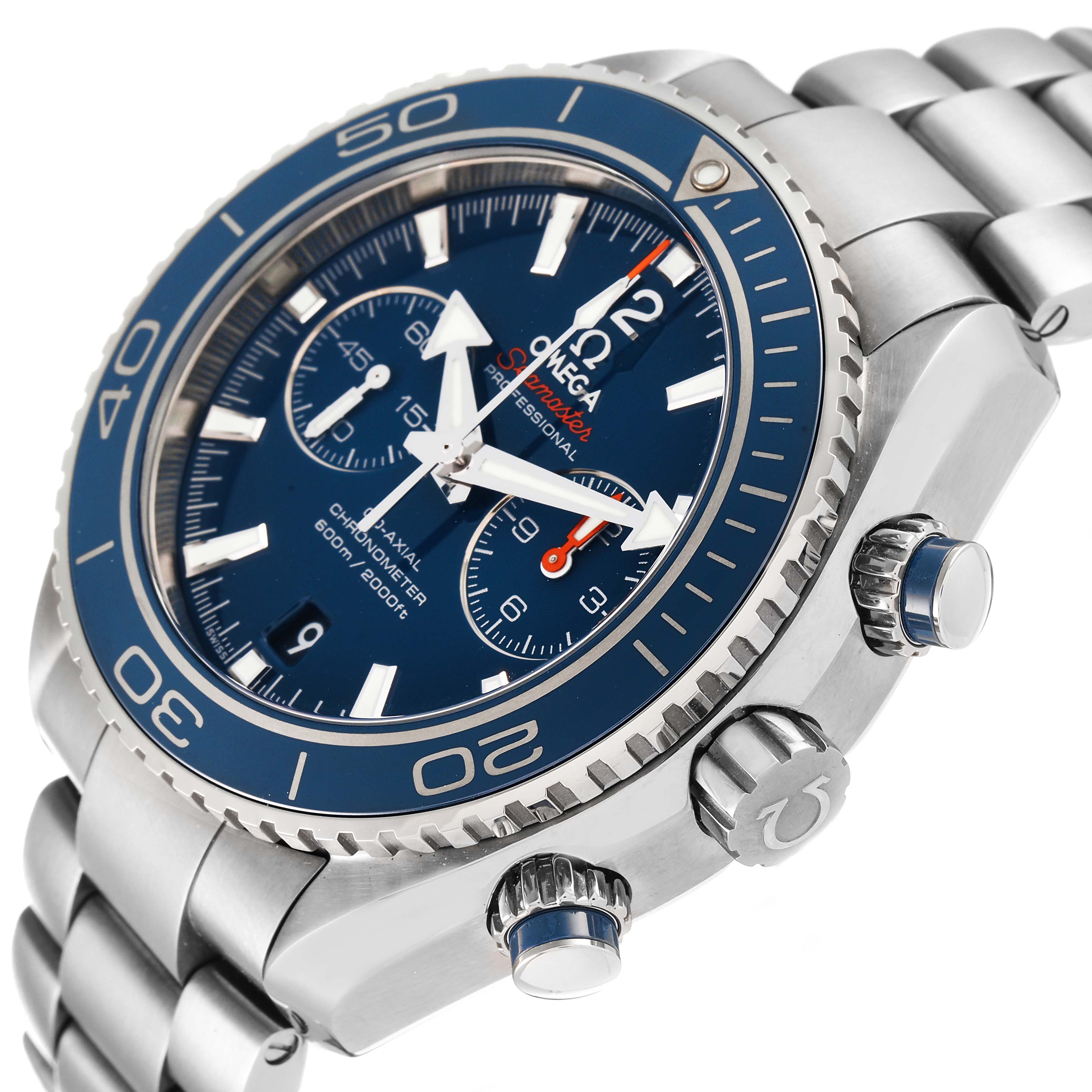 The image shows an angled view of the Omega Planet Ocean 232.90.46.51.03.001 Men
s Titanium Blue Dial 232.90.46.51.03.001 Men
s Titanium Blue Dial watch focusing on its blue dial, bezel, and chronograph pushers.