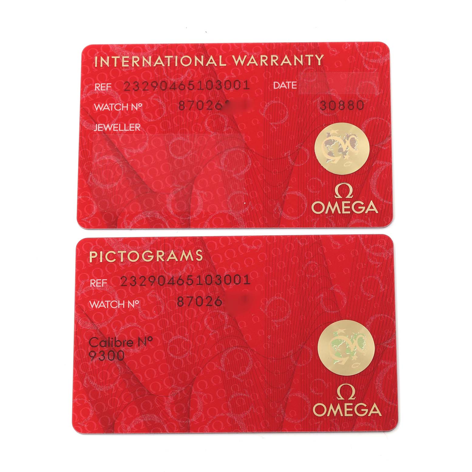 The image shows International Warranty and Pictograms cards for the Omega Planet Ocean 232.90.46.51.03.001 Men
s Titanium Blue Dial 232.90.46.51.03.001 Men
s Titanium Blue Dial model watch.