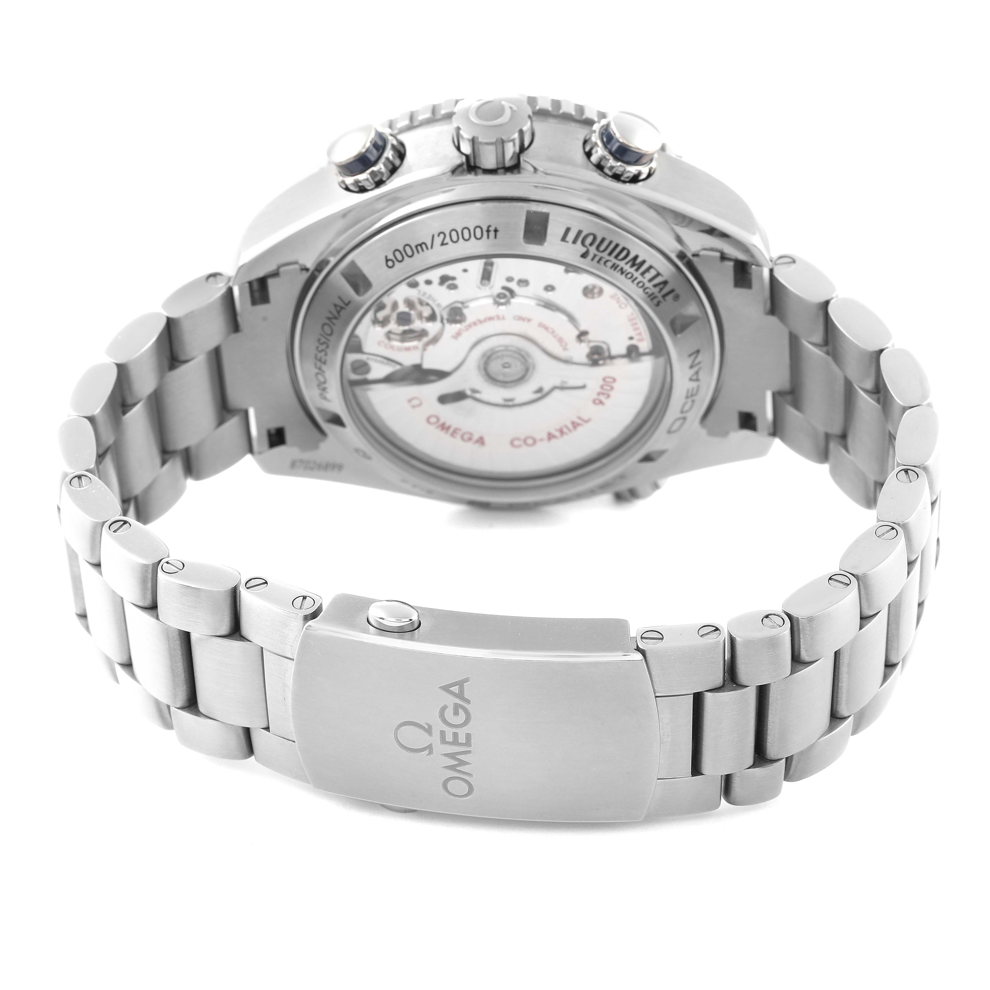 The image shows the back view of an Omega Planet Ocean 232.90.46.51.03.001 Men
s Titanium Blue Dial 232.90.46.51.03.001 Men
s Titanium Blue Dial watch, highlighting the stainless steel bracelet and the transparent case back.