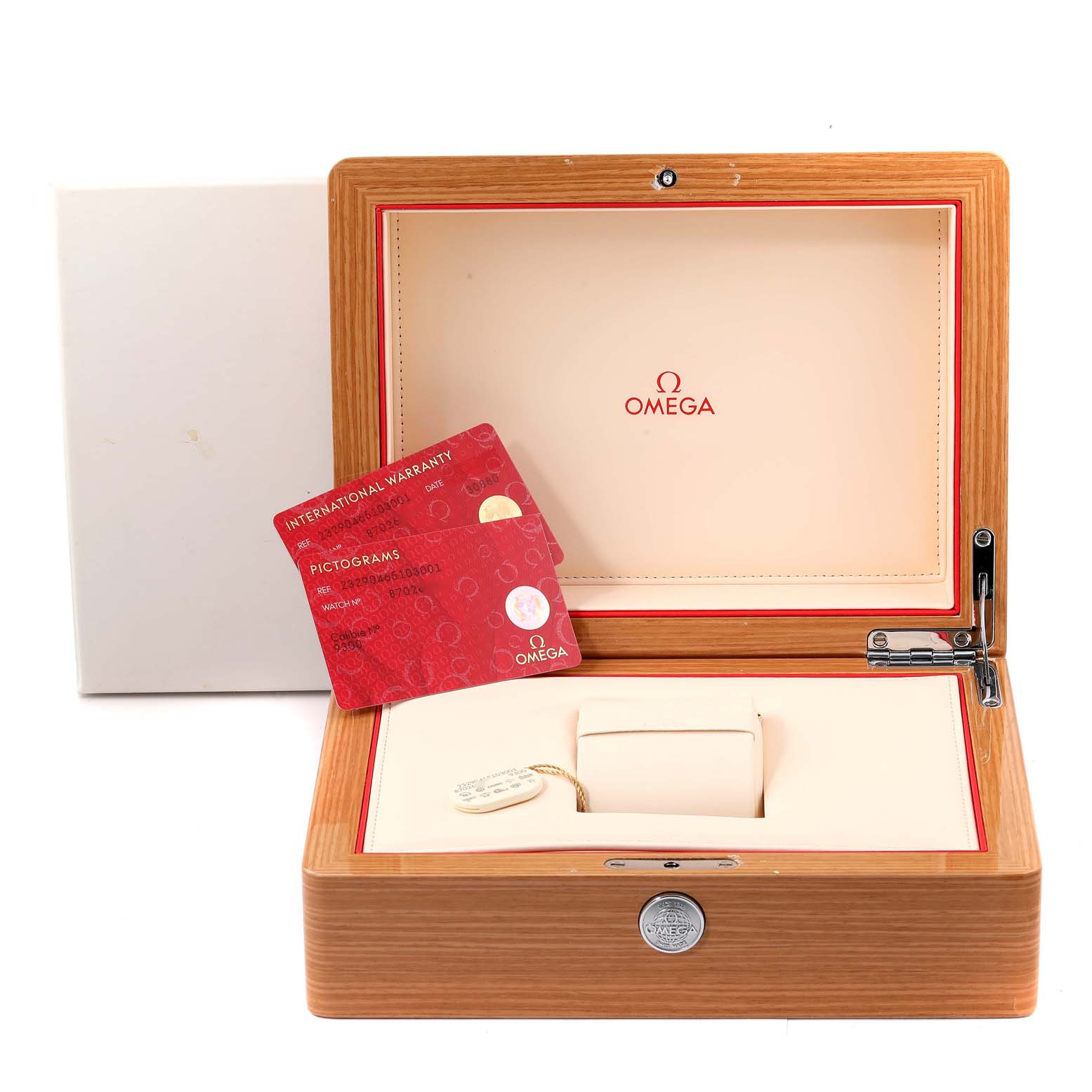 The image shows the open box, warranty cards, and tag for the Omega Planet Ocean 232.90.46.51.03.001 Men
s Titanium Blue Dial 232.90.46.51.03.001 Men
s Titanium Blue Dial watch.