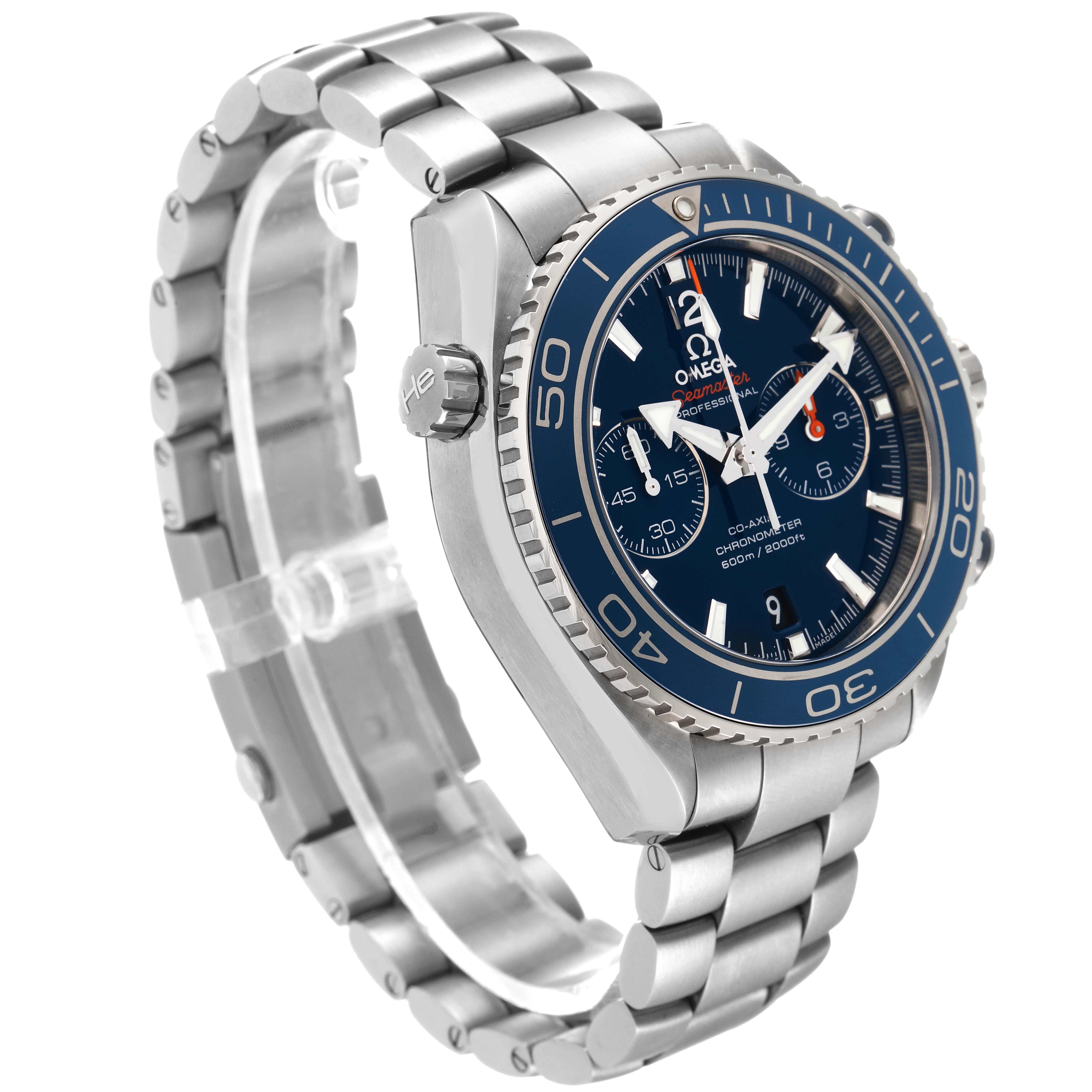 The Omega Planet Ocean 232.90.46.51.03.001 Men
s Titanium Blue Dial 232.90.46.51.03.001 Men
s Titanium Blue Dial watch is shown at an angled side view, highlighting the face, bezel, crown, and metal bracelet.