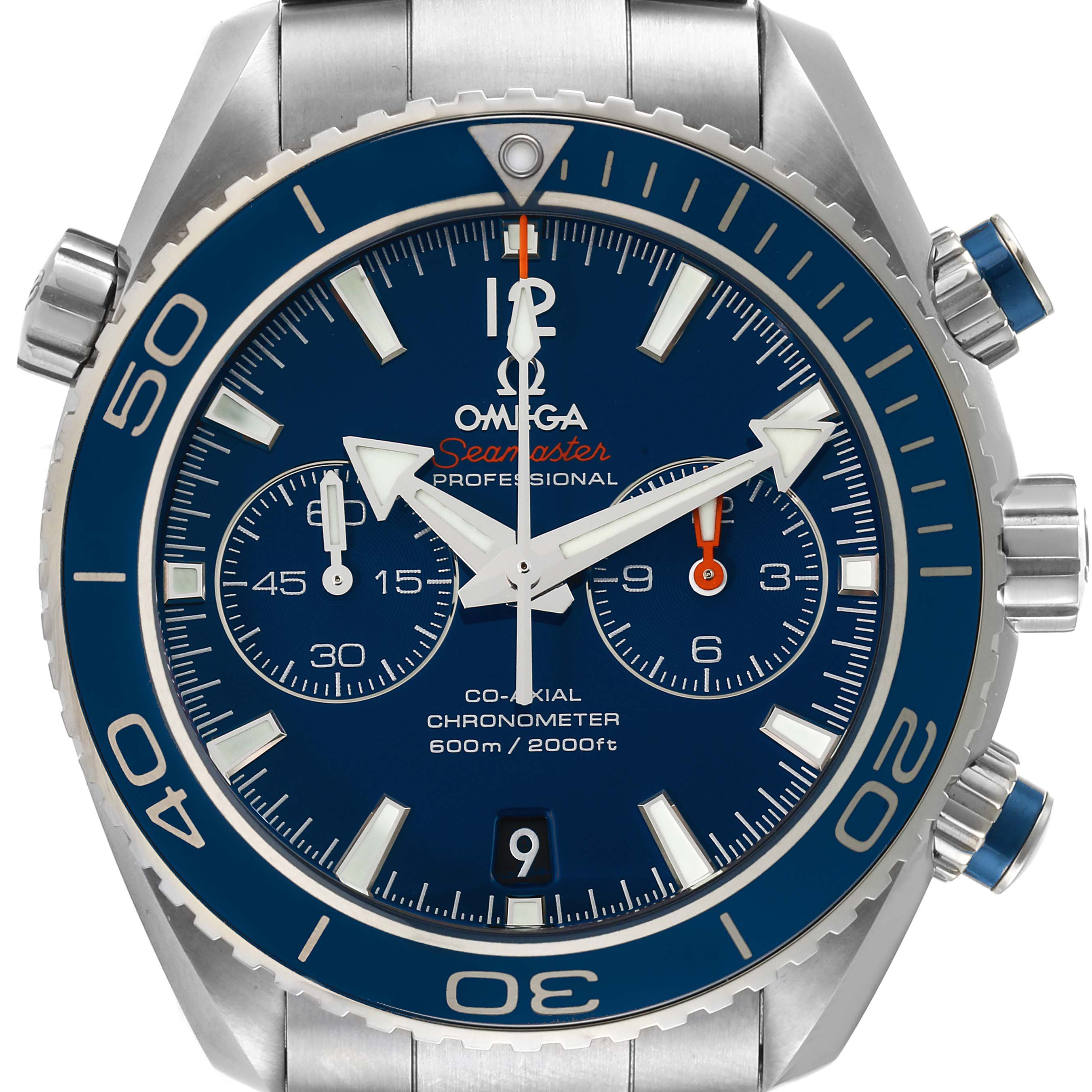 The image shows a front view of the Omega Planet Ocean 232.90.46.51.03.001 Men
s Titanium Blue Dial 232.90.46.51.03.001 Men
s Titanium Blue Dial watch, displaying the dial and bezel details.