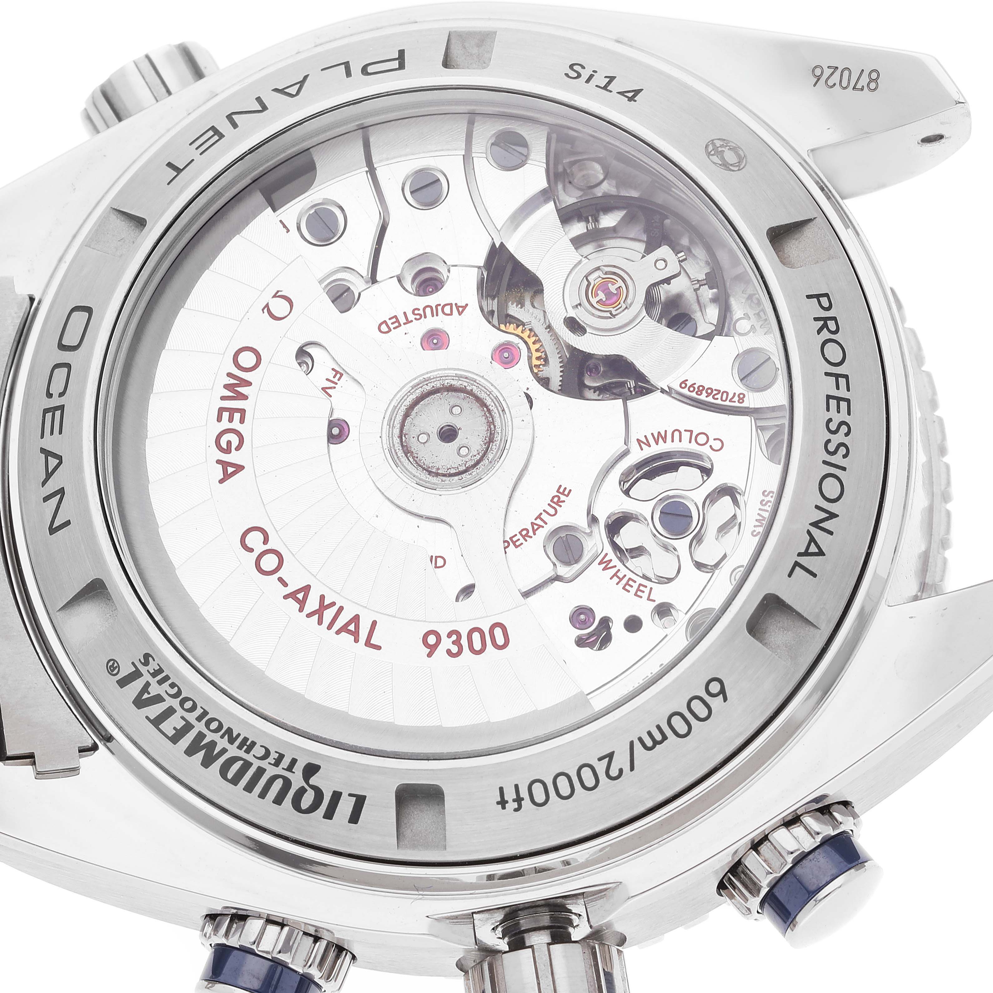 The image shows the back of an Omega Planet Ocean 232.90.46.51.03.001 Men
s Titanium Blue Dial 232.90.46.51.03.001 Men
s Titanium Blue Dial watch, revealing its mechanical movement and internal components.