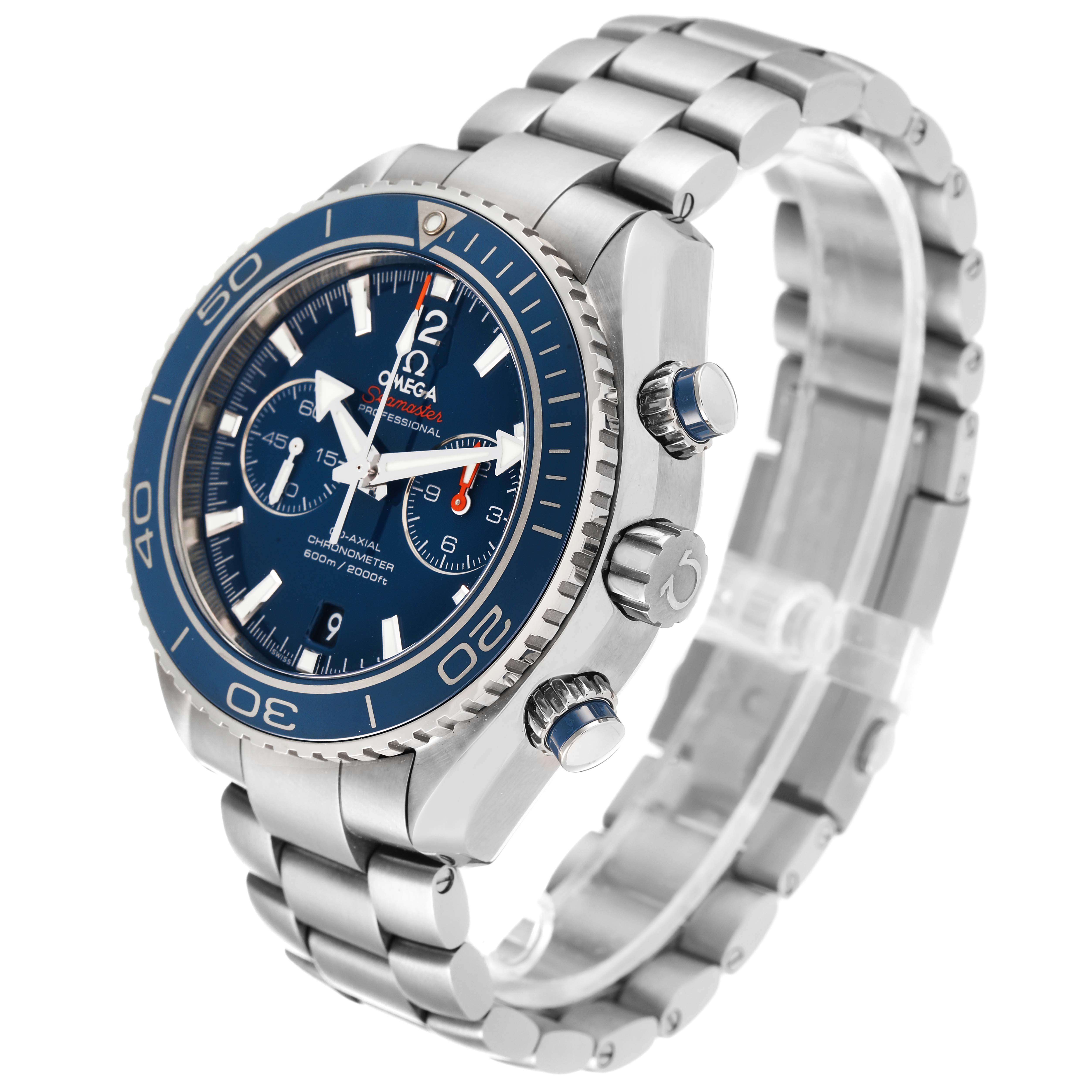 The image shows an Omega Planet Ocean 232.90.46.51.03.001 Men
s Titanium Blue Dial 232.90.46.51.03.001 Men
s Titanium Blue Dial watch at a three-quarter angle, displaying the face, bezel, and bracelet.