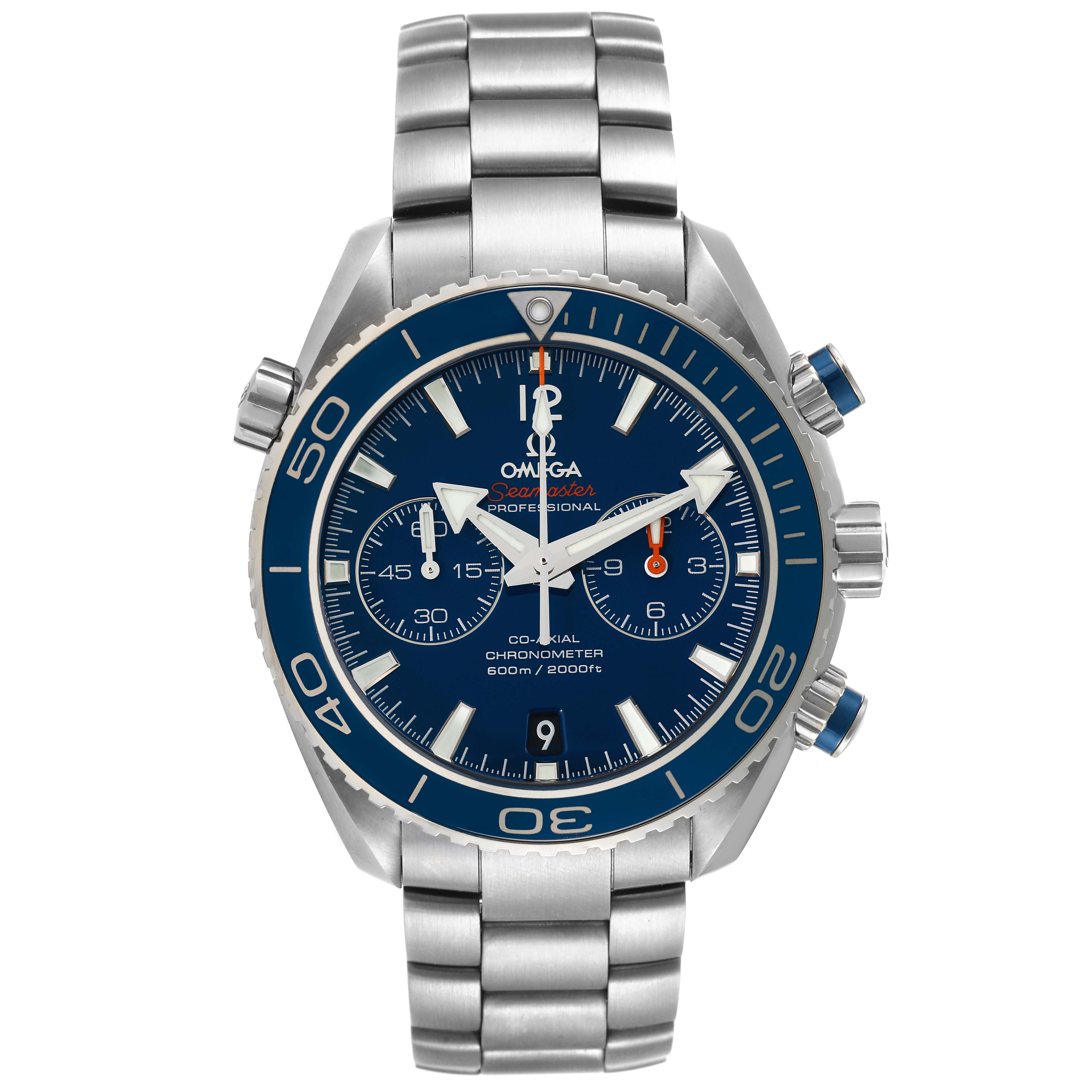 The image shows a front angle of the Omega Planet Ocean 232.90.46.51.03.001 Men
s Titanium Blue Dial 232.90.46.51.03.001 Men
s Titanium Blue Dial watch, highlighting its face, bezel, and stainless steel bracelet.