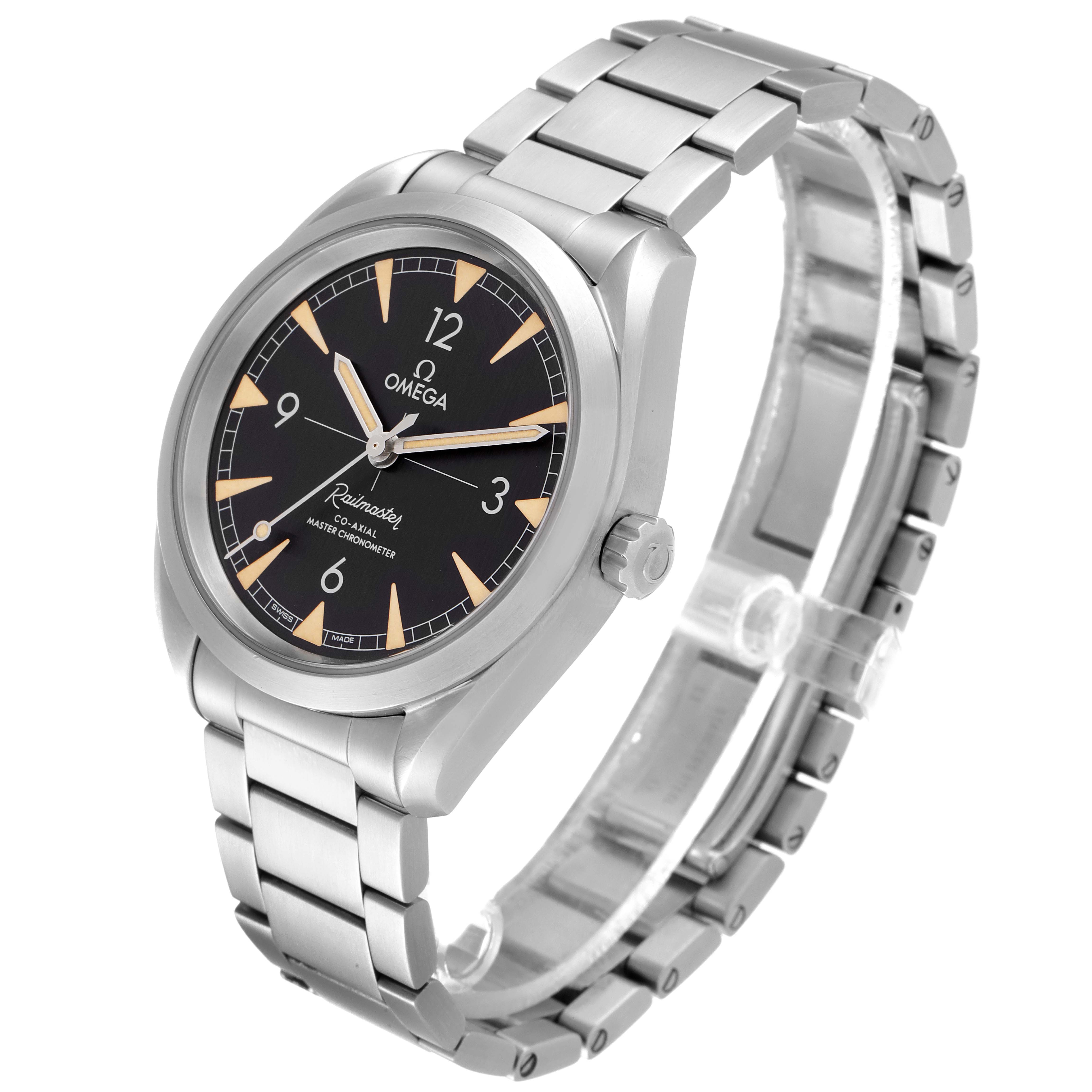 This image shows a side-angle view of the Omega Aqua Terra 220.10.40.20.01.001 Men's Stainless Steel Black Dial 220.10.40.20.01.001 Men's Stainless Steel Black Dial watch, featuring its face, bezel, crown, and bracelet.