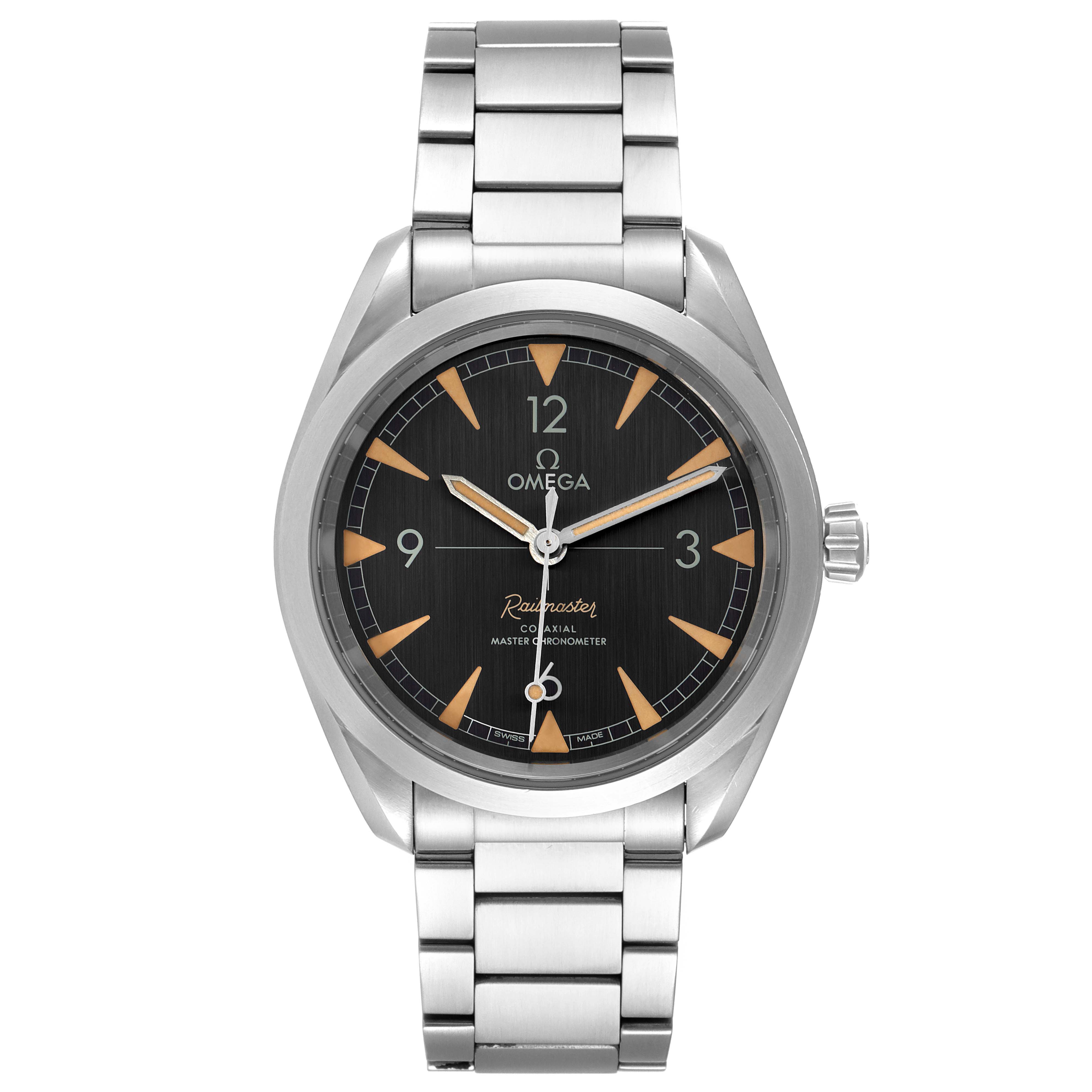The image shows a front view of the Omega Aqua Terra 220.10.40.20.01.001 Men's Stainless Steel Black Dial 220.10.40.20.01.001 Men's Stainless Steel Black Dial model, including the dial, hands, case, and bracelet.