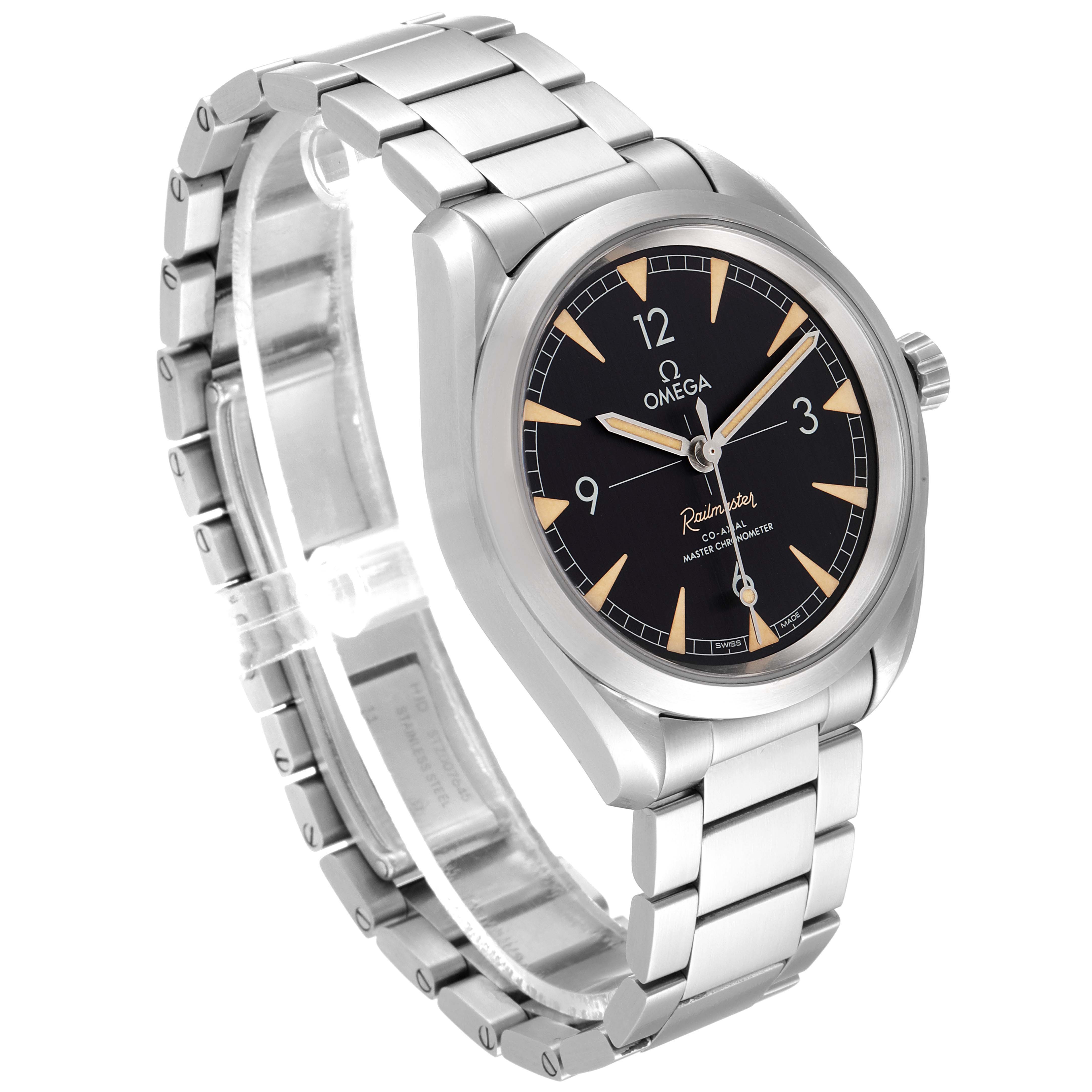 The image shows an Omega Aqua Terra 220.10.40.20.01.001 Men's Stainless Steel Black Dial 220.10.40.20.01.001 Men's Stainless Steel Black Dial watch at a three-quarter angle, highlighting its face, bracelet, and case.
