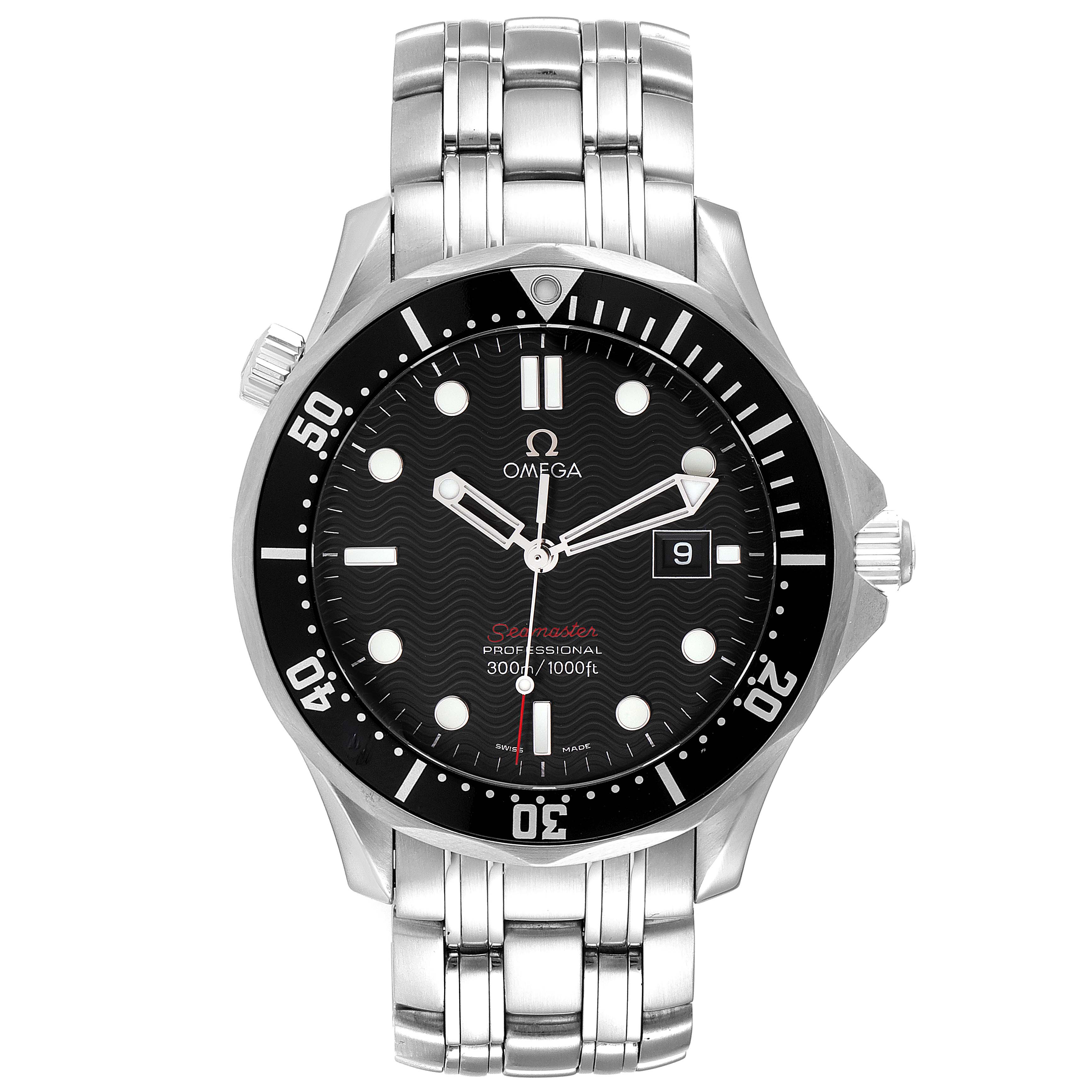 This image shows a front view of the Omega Seamaster 212.30.41.61.01.001 Men's Stainless Steel Black Dial 212.30.41.61.01.001 Men's Stainless Steel Black Dial wristwatch, highlighting its dial, bezel, and bracelet.