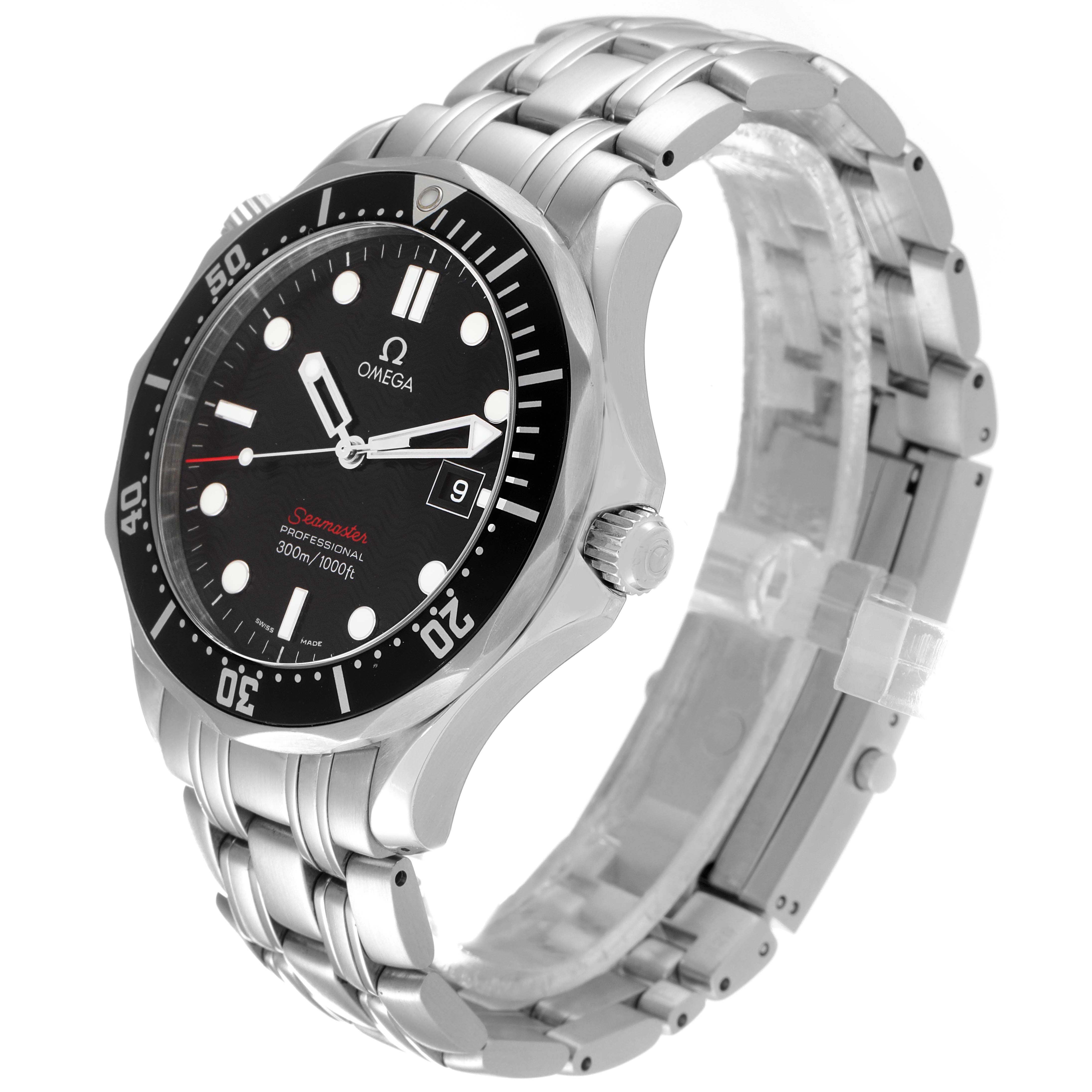 The image shows an angled view of the Omega Seamaster 212.30.41.61.01.001 Men's Stainless Steel Black Dial 212.30.41.61.01.001 Men's Stainless Steel Black Dial watch, highlighting its face, bezel, crown, and metal bracelet.