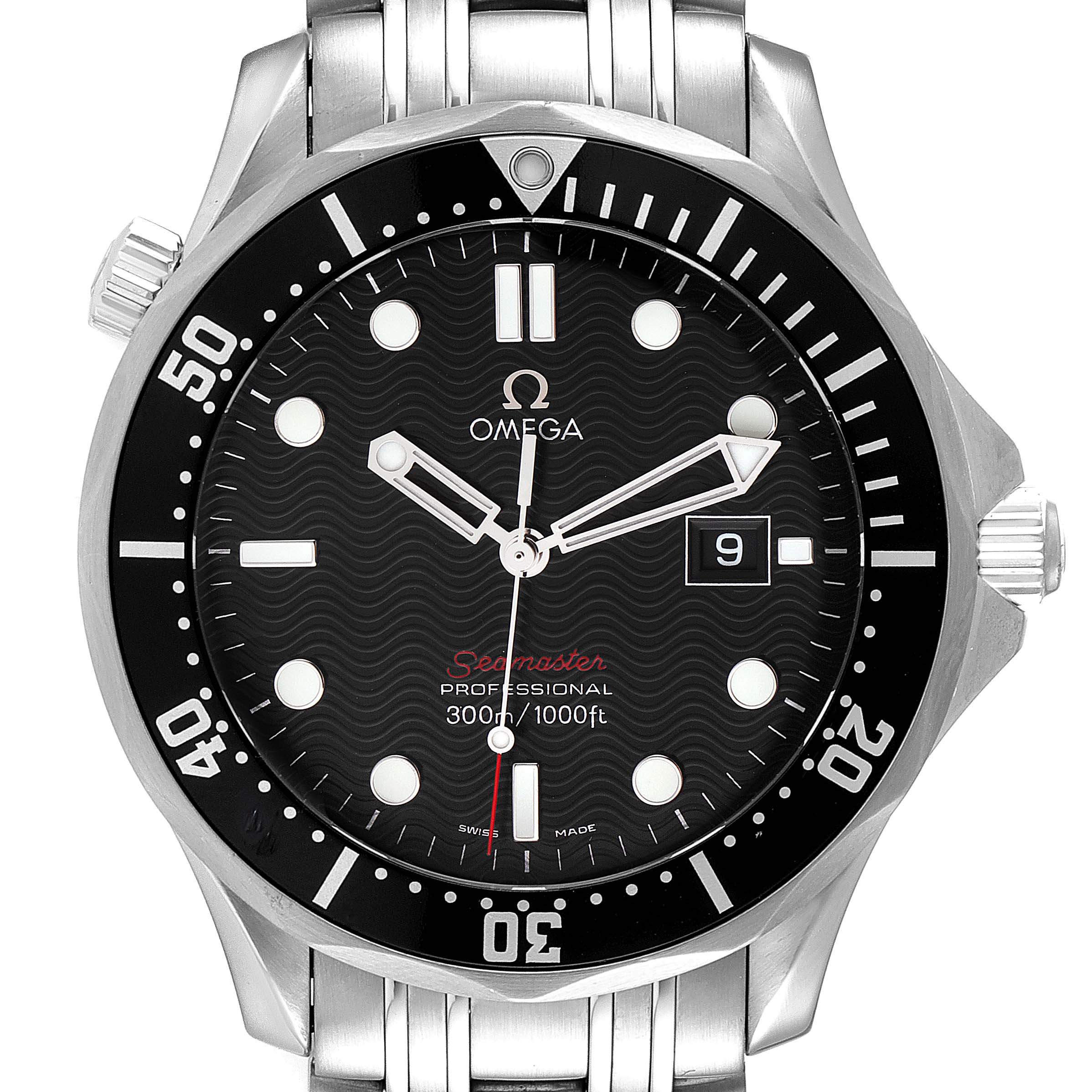 The image shows a front view of the Omega Seamaster 212.30.41.61.01.001 Men's Stainless Steel Black Dial 212.30.41.61.01.001 Men's Stainless Steel Black Dial watch, highlighting the bezel, dial, hands, markers, and bracelet.