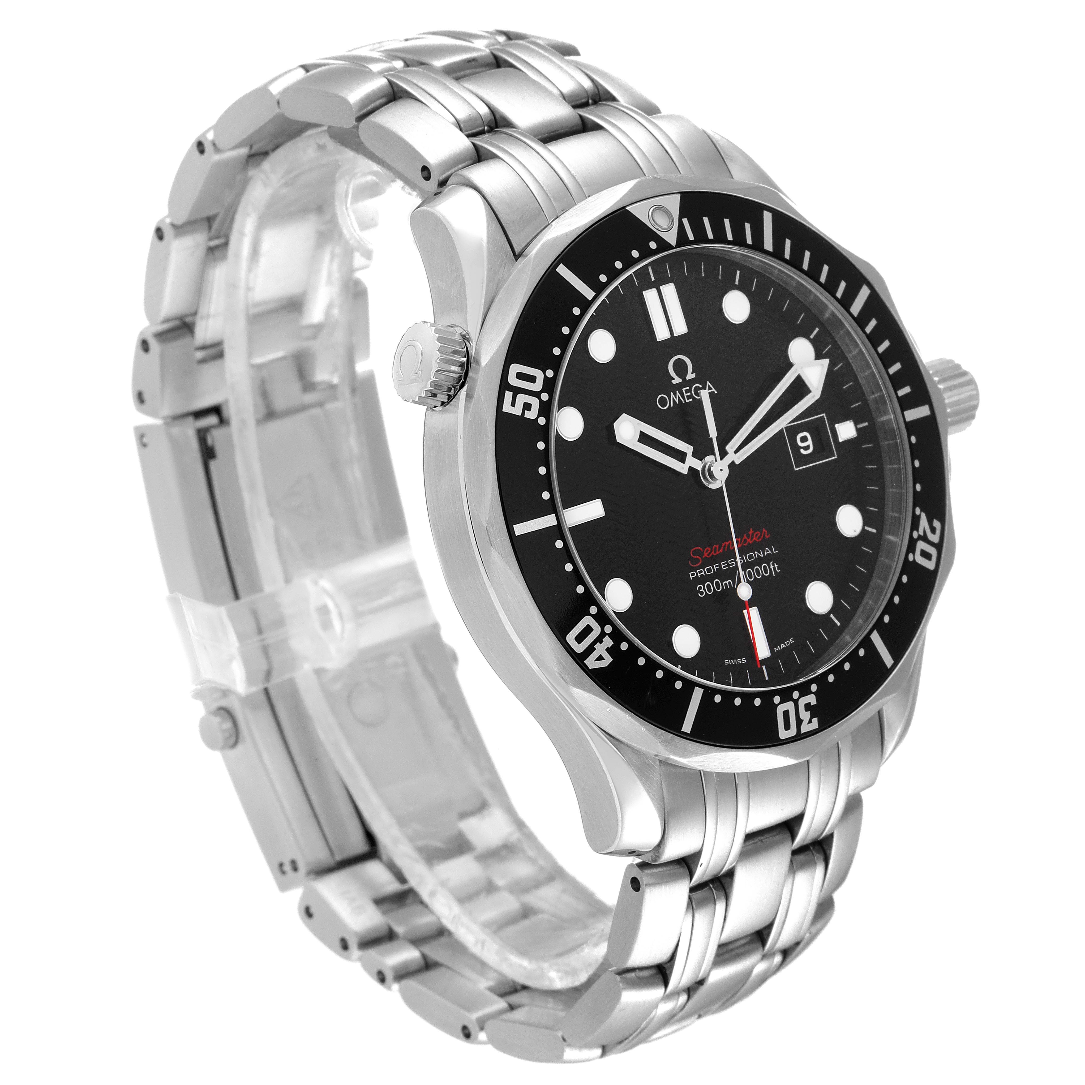 This Omega Seamaster 212.30.41.61.01.001 Men's Stainless Steel Black Dial 212.30.41.61.01.001 Men's Stainless Steel Black Dial watch is shown at a front angle, highlighting its black dial, rotating bezel, and stainless steel bracelet.