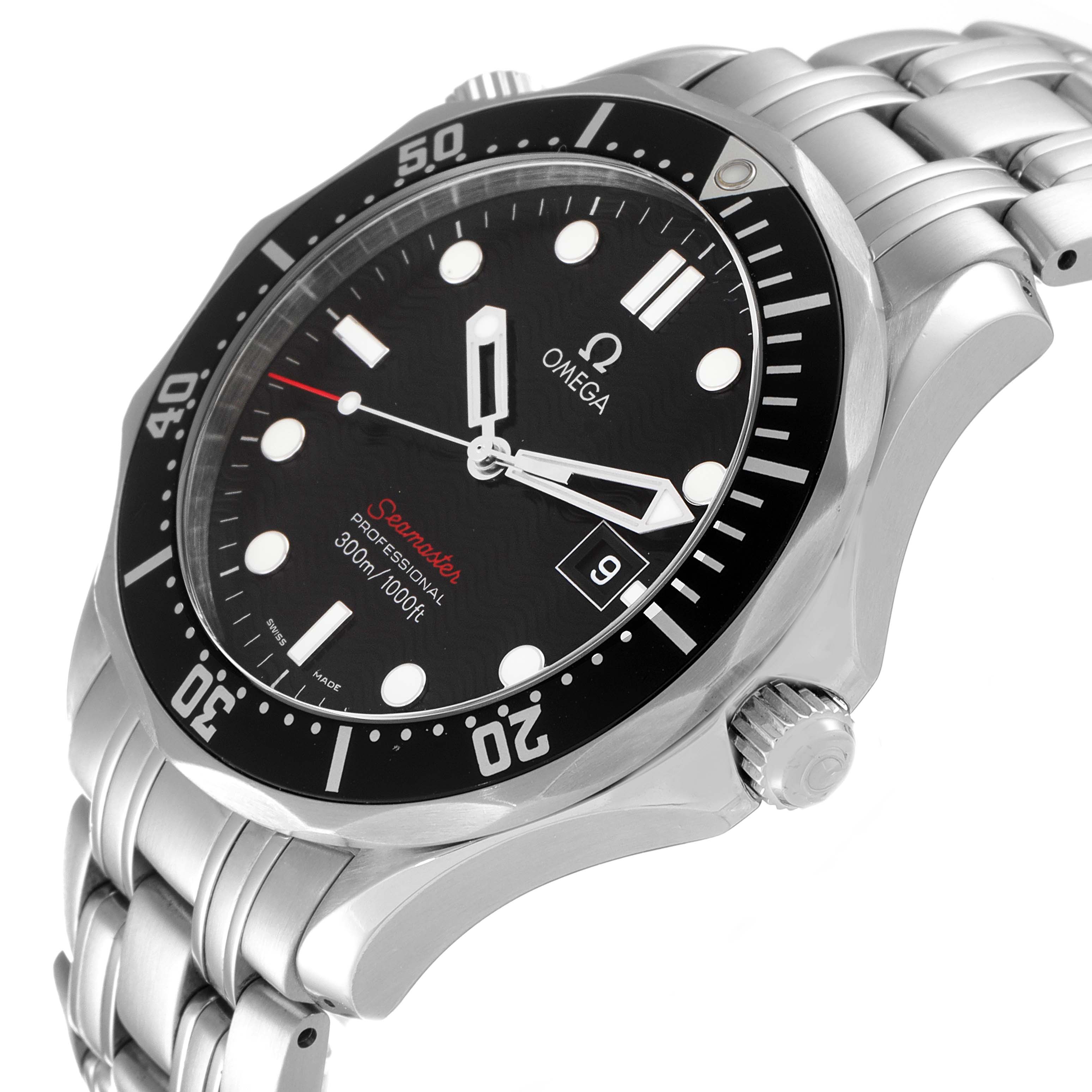 The Omega Seamaster 212.30.41.61.01.001 Men's Stainless Steel Black Dial 212.30.41.61.01.001 Men's Stainless Steel Black Dial watch is shown at an angle highlighting the face, bezel, crown, and part of the stainless steel bracelet.
