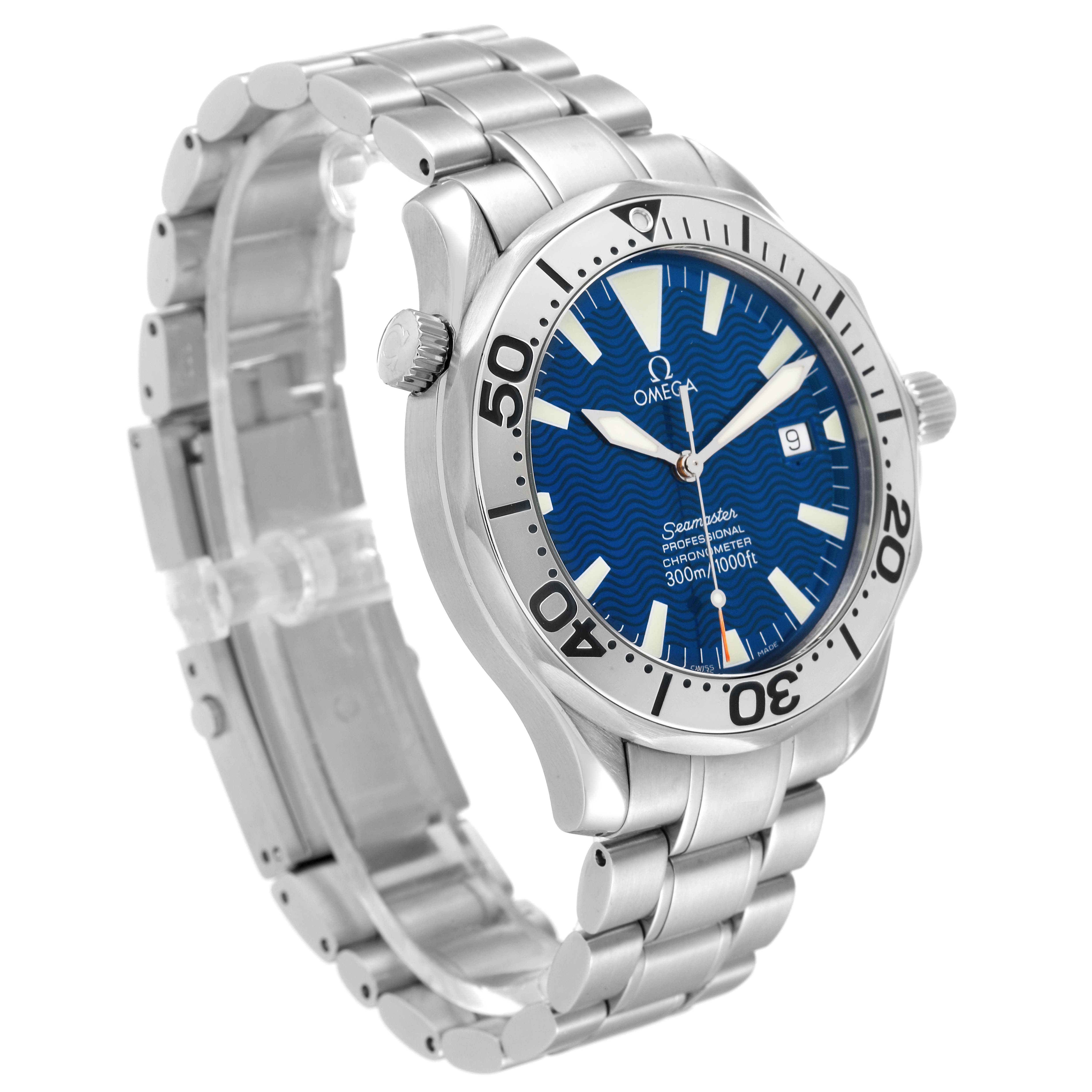 The Omega Seamaster 2255.80.00 Men's Stainless Steel Blue Dial 2255.80.00 Men's Stainless Steel Blue Dial watch is shown at a slight angle, highlighting its face, bezel, and metal bracelet strap.