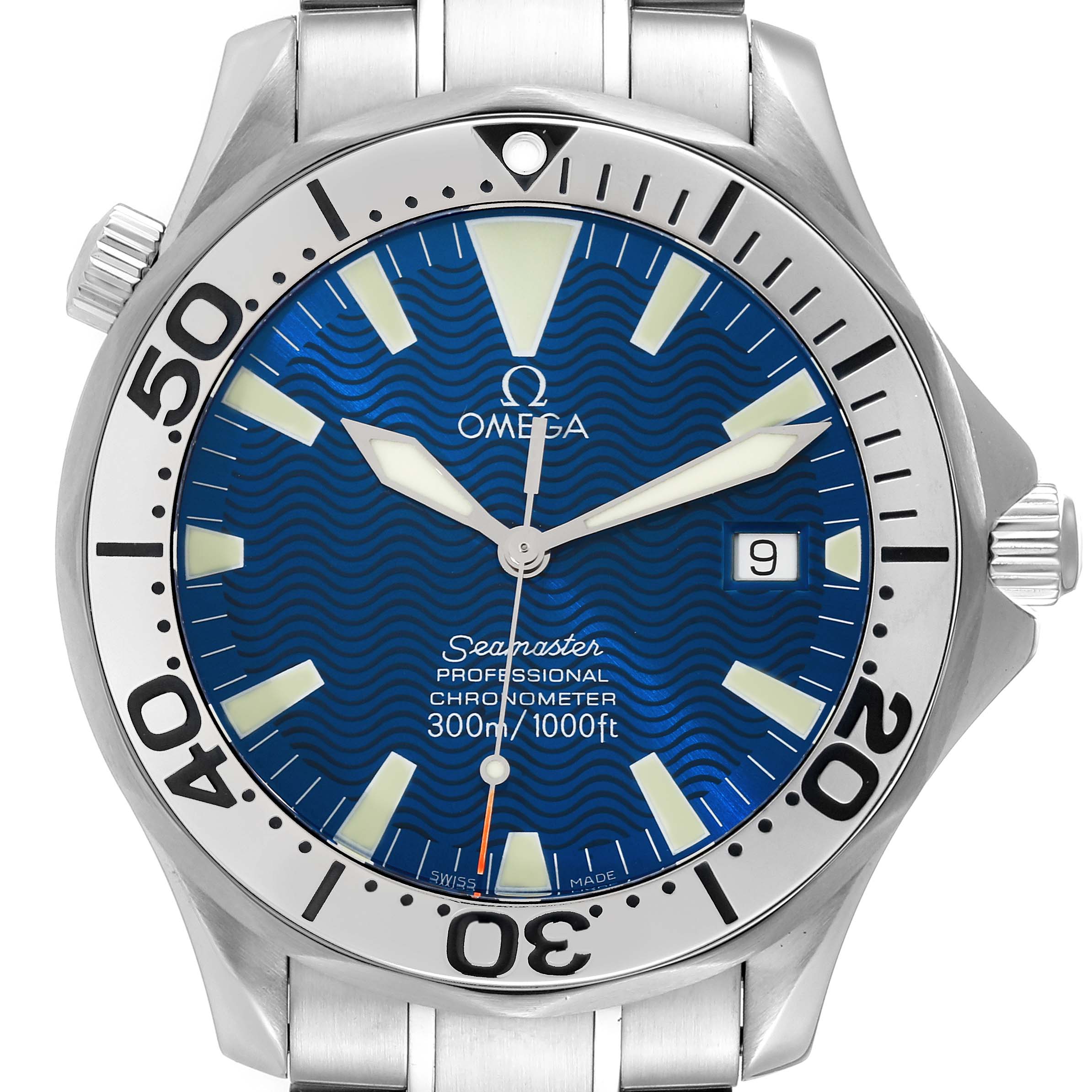 The Omega Seamaster 2255.80.00 Men's Stainless Steel Blue Dial 2255.80.00 Men's Stainless Steel Blue Dial watch is shown from the front, highlighting its blue dial, bezel, and part of the steel bracelet.