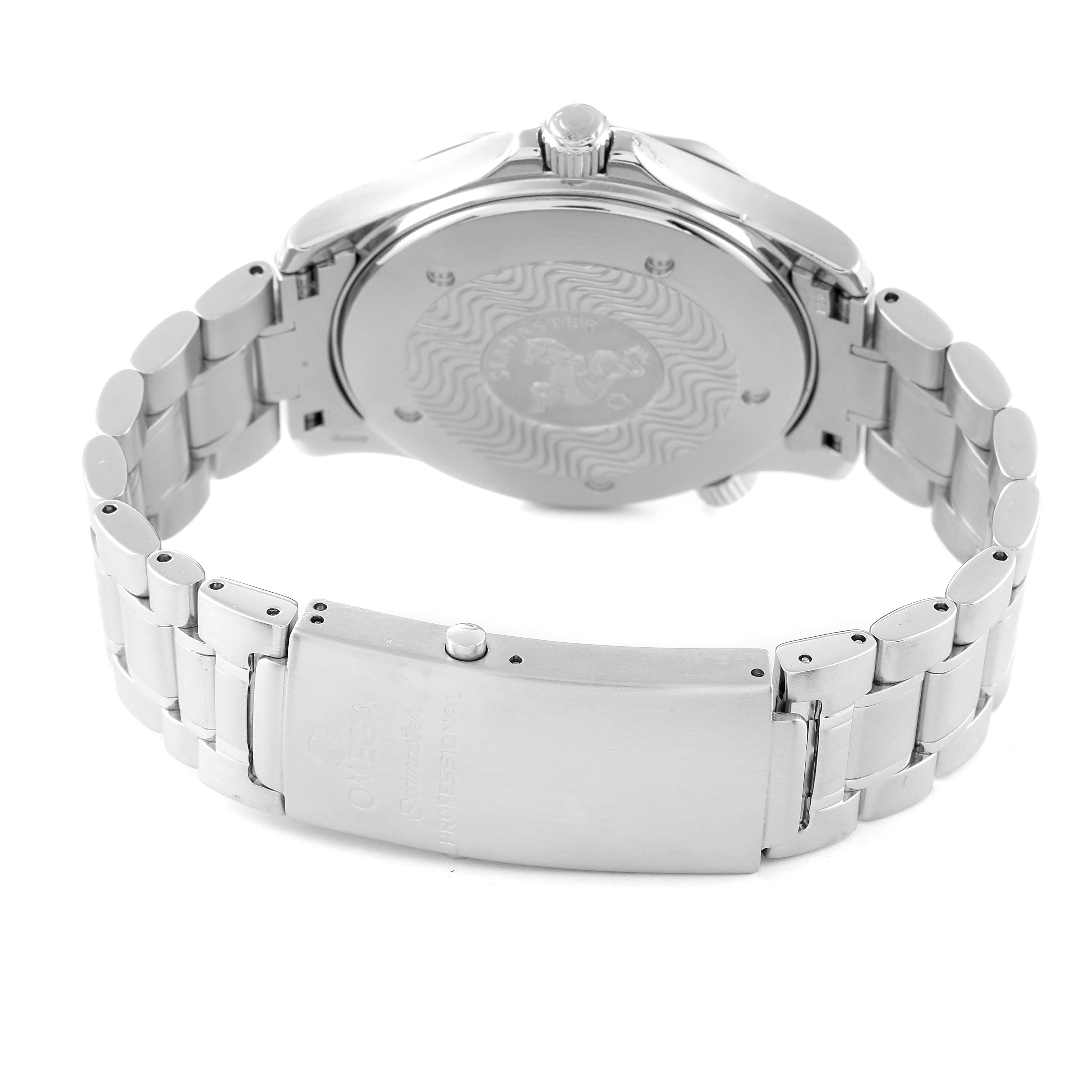 The image shows the back and bracelet clasp of an Omega Seamaster 2255.80.00 Men's Stainless Steel Blue Dial 2255.80.00 Men's Stainless Steel Blue Dial watch, viewed from a slight angle.