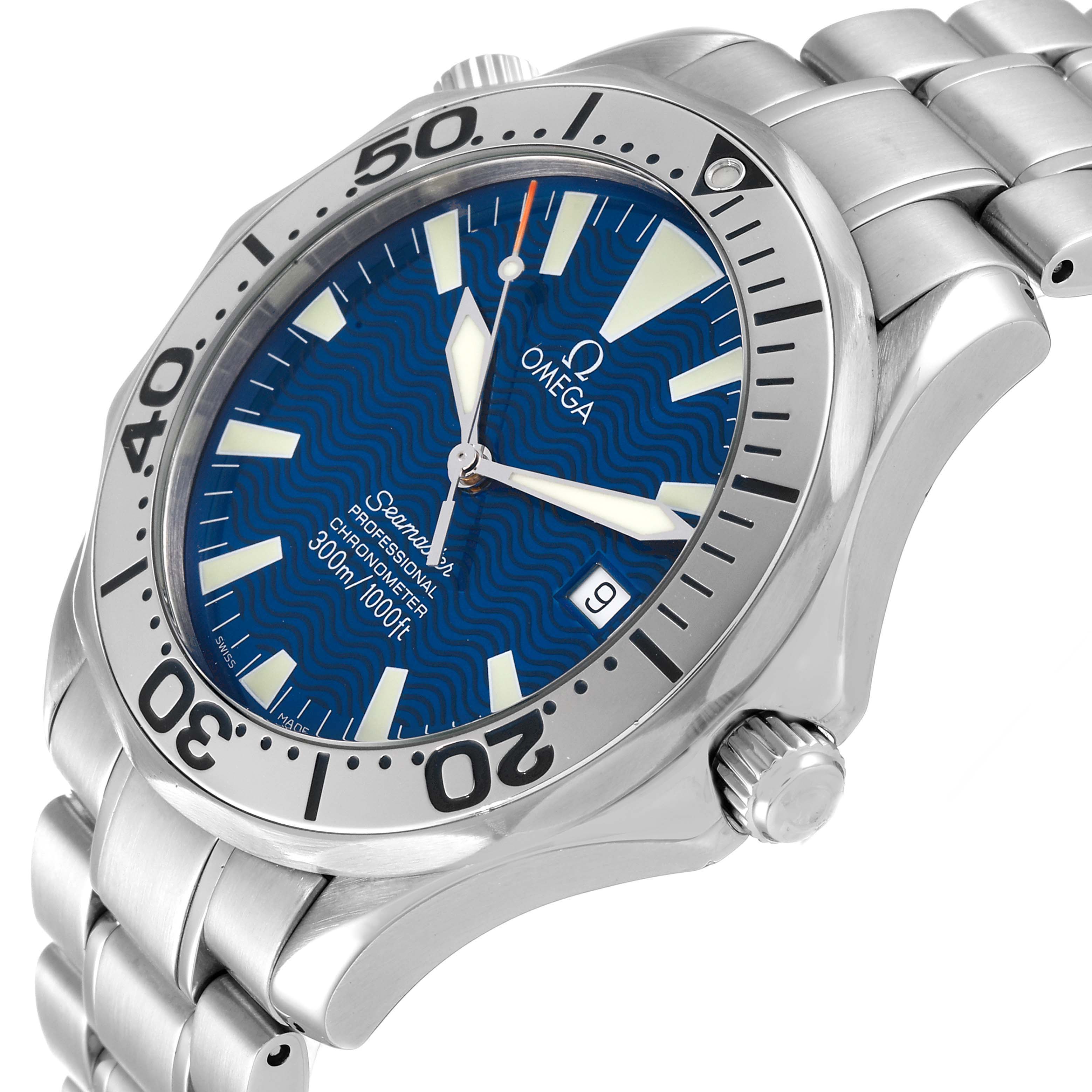 The image shows a close-up of an Omega Seamaster 2255.80.00 Men's Stainless Steel Blue Dial 2255.80.00 Men's Stainless Steel Blue Dial watch, focusing on the face, bezel, crown, and part of the bracelet.