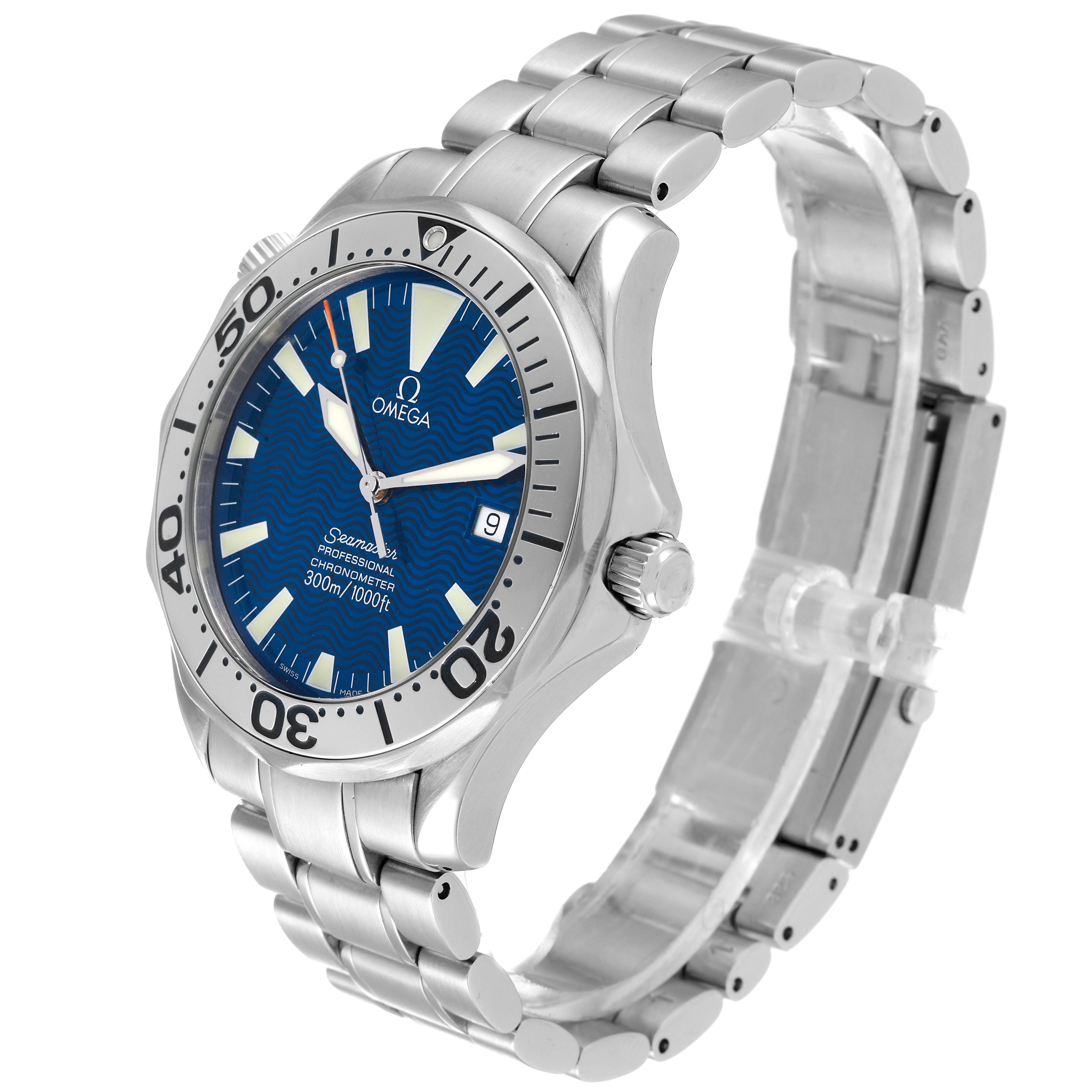 The image shows an angled, front-side view of the Omega Seamaster 2255.80.00 Men's Stainless Steel Blue Dial 2255.80.00 Men's Stainless Steel Blue Dial watch, highlighting the face, bezel, bracelet, and crown.