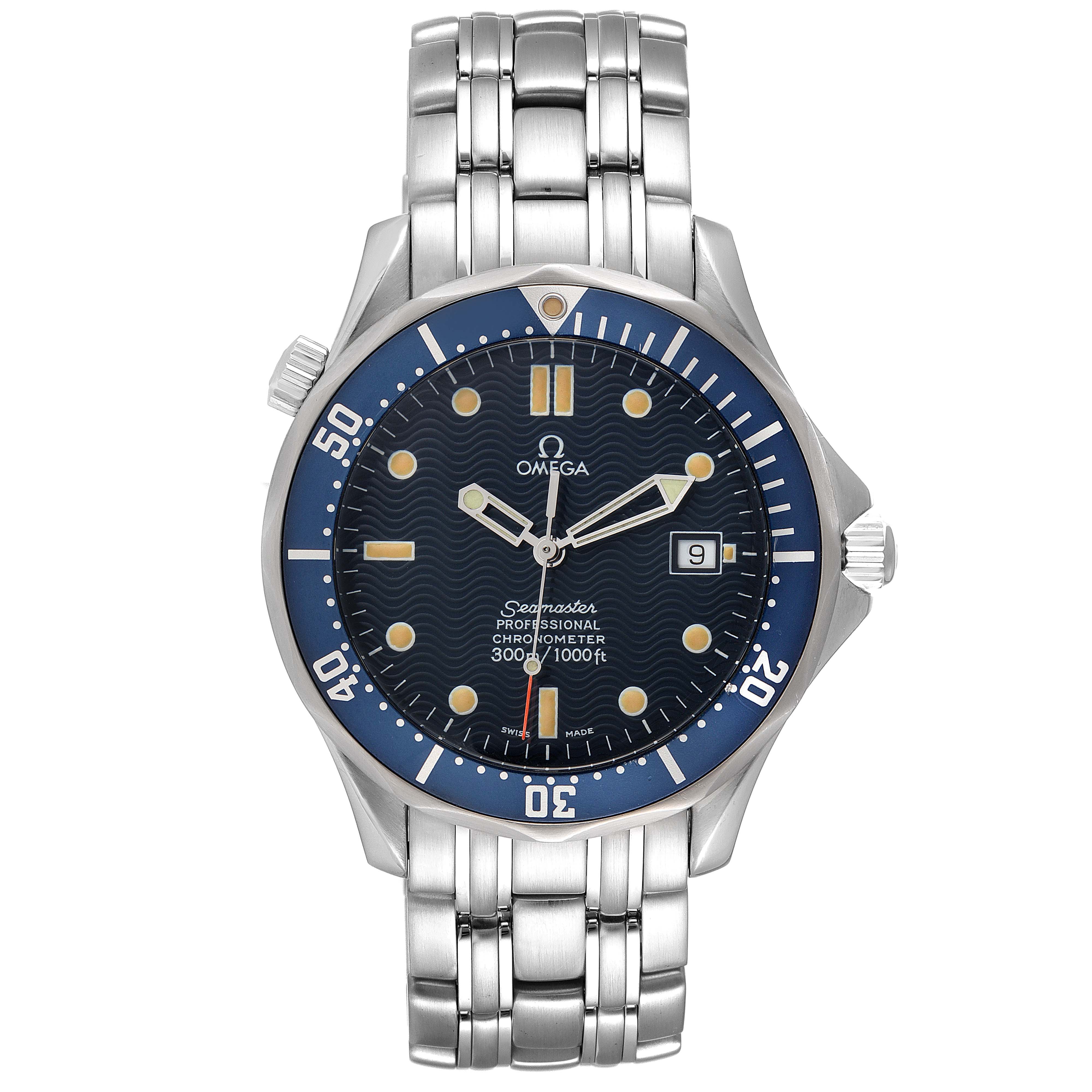 The image shows a front view of the Omega Seamaster 2531.80.00 Men's Stainless Steel Blue Dial 2531.80.00 Men's Stainless Steel Blue Dial watch, showcasing its dial, bezel, and bracelet.