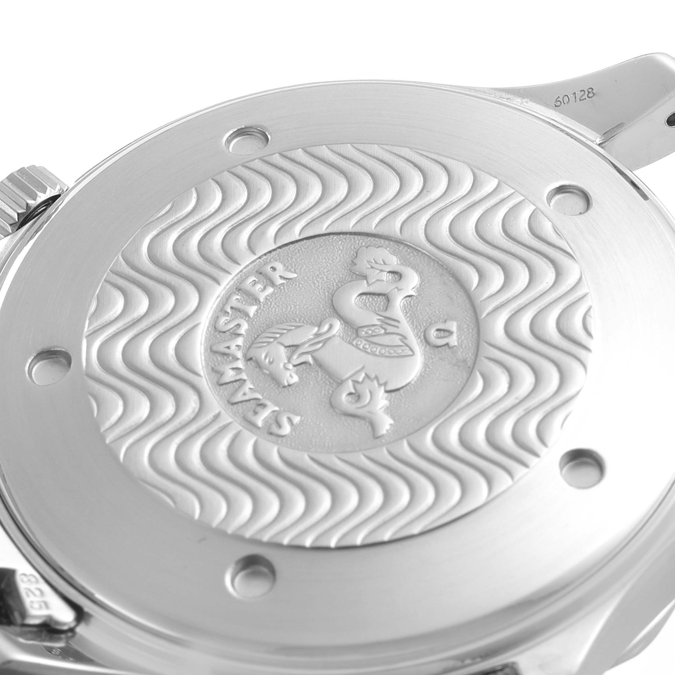 The image shows the case back of an Omega Seamaster 2531.80.00 Men's Stainless Steel Blue Dial 2531.80.00 Men's Stainless Steel Blue Dial watch with intricate engravings and wave patterns.