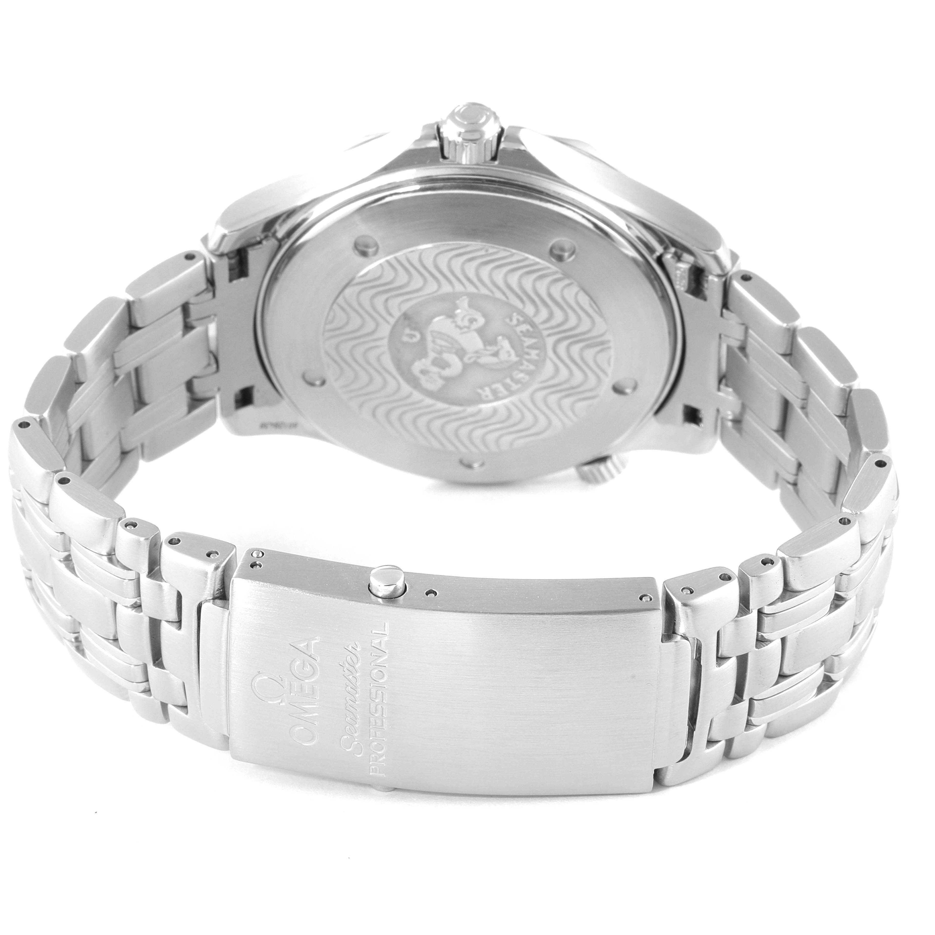 This image displays the back case and clasp of an Omega Seamaster 2531.80.00 Men's Stainless Steel Blue Dial 2531.80.00 Men's Stainless Steel Blue Dial watch, showcasing its metal band and engraved back.