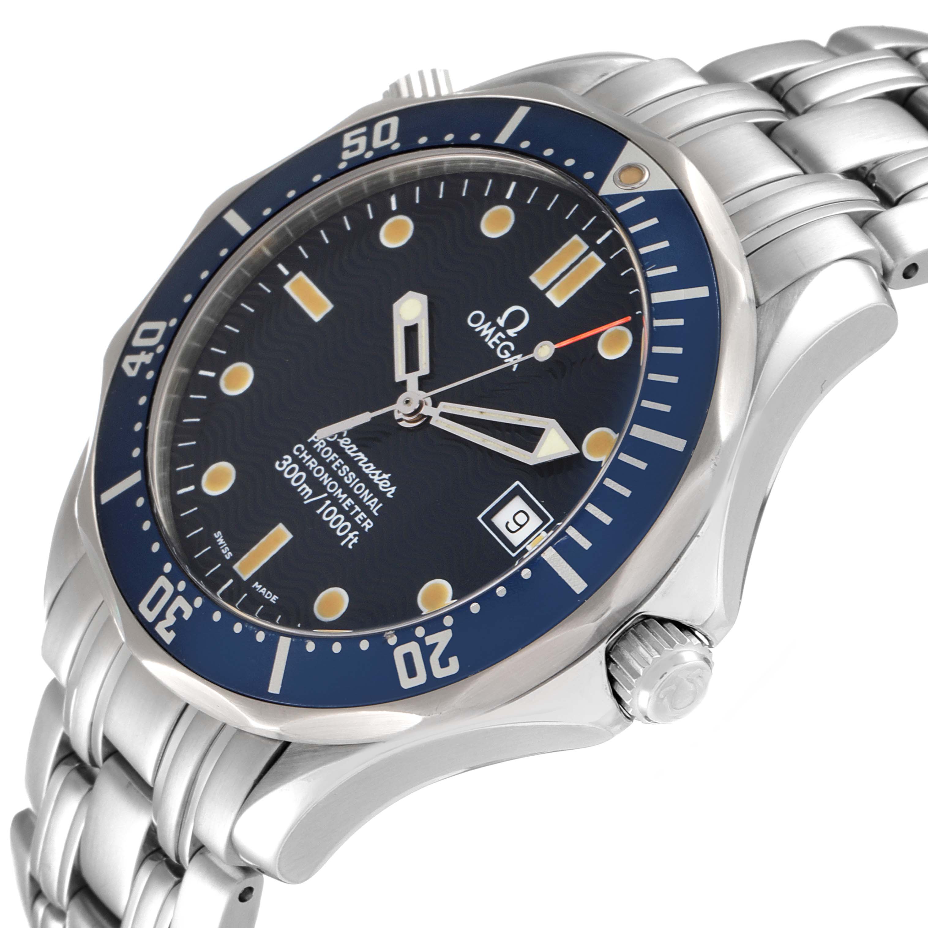The image shows an Omega Seamaster 2531.80.00 Men's Stainless Steel Blue Dial 2531.80.00 Men's Stainless Steel Blue Dial watch at an angle highlighting the face, bezel, crown, and bracelet.