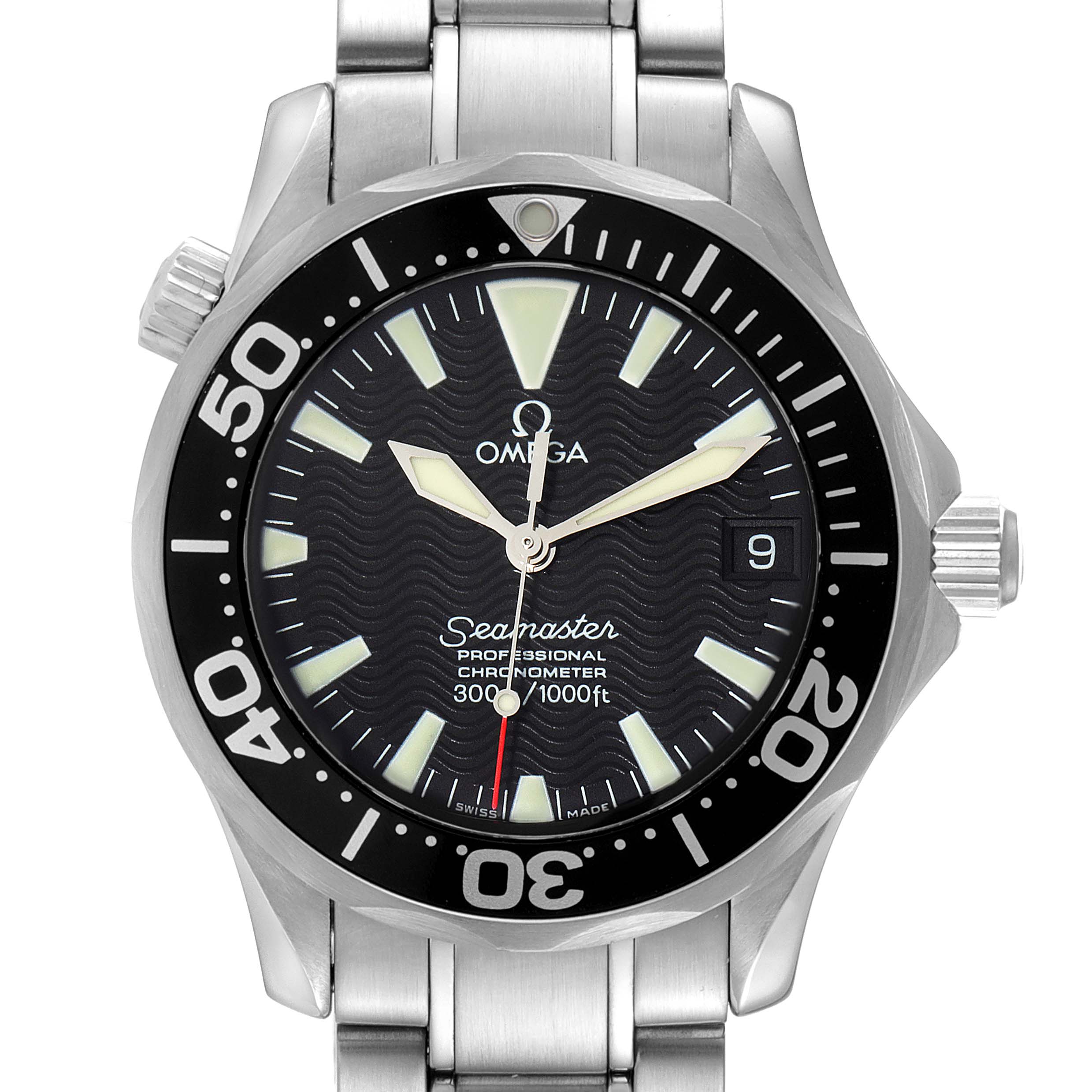 The image shows a front view of the Omega Seamaster 2252.50.00 Men's Stainless Steel Black Dial 2252.50.00 Men's Stainless Steel Black Dial watch, highlighting its dial, bezel, hands, and stainless steel bracelet.