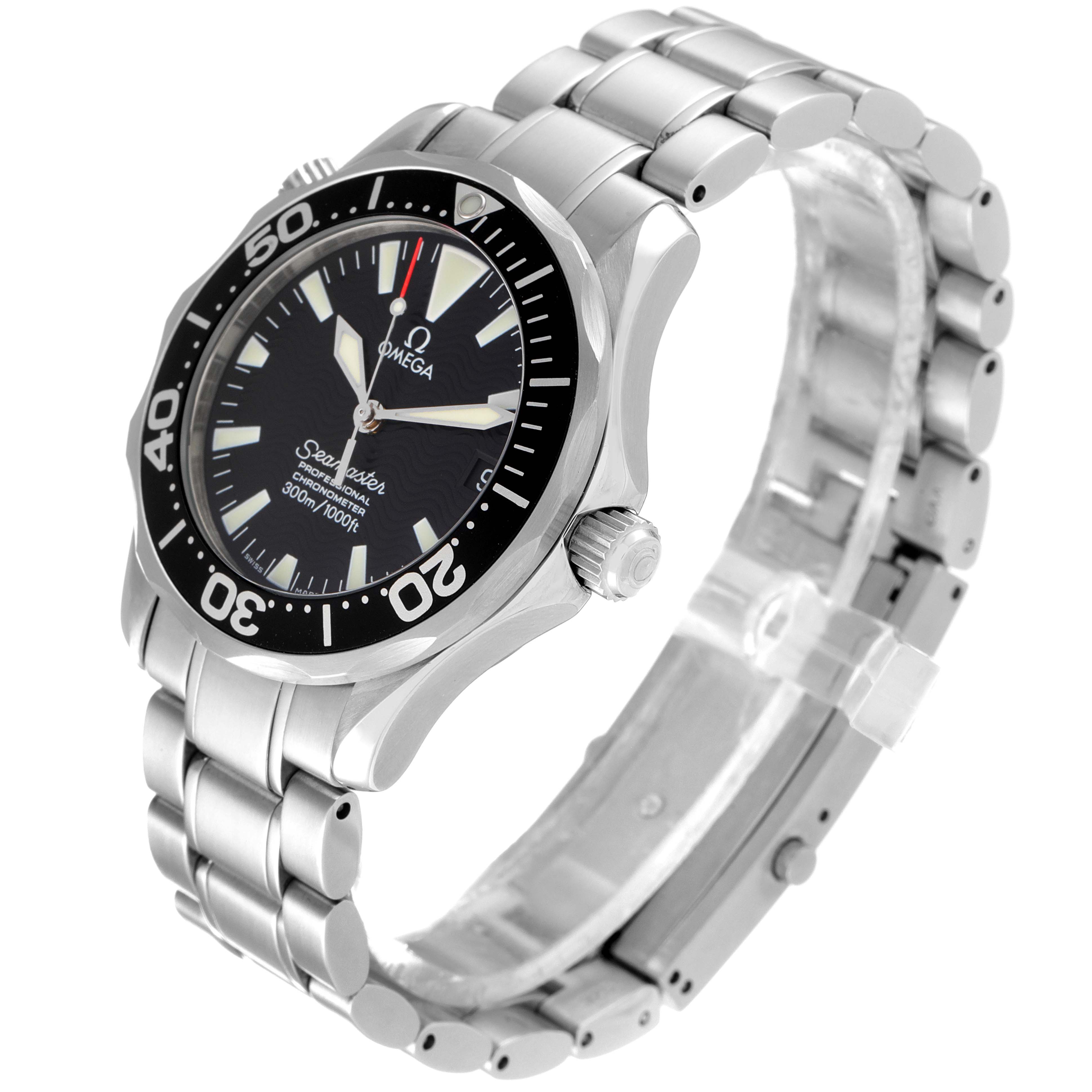 The image shows an Omega Seamaster 2252.50.00 Men's Stainless Steel Black Dial 2252.50.00 Men's Stainless Steel Black Dial watch at an angle that highlights the face, bezel, crown, and bracelet.