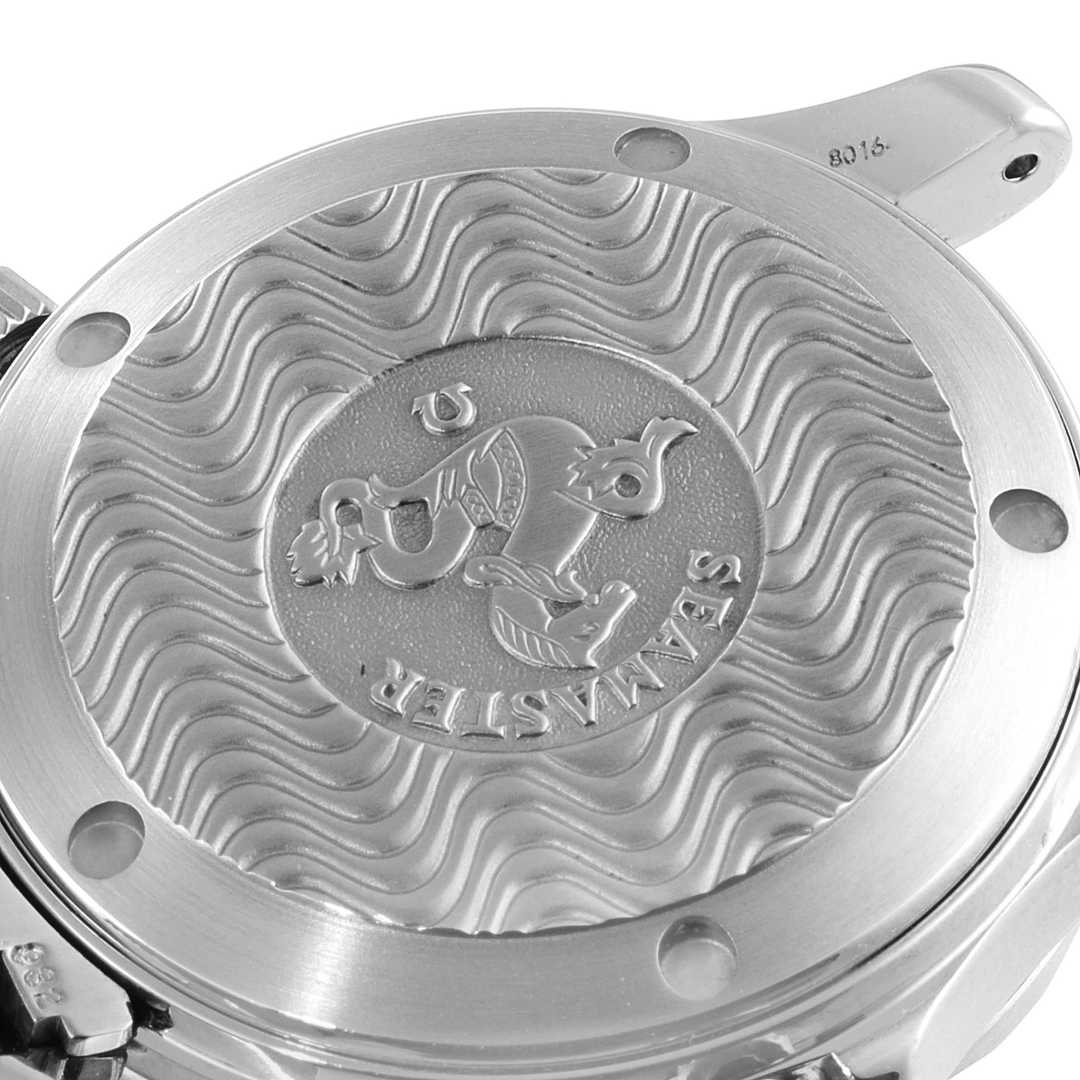 The image shows the case back of the Omega Seamaster 2252.50.00 Men's Stainless Steel Black Dial 2252.50.00 Men's Stainless Steel Black Dial watch with its emblem and wave pattern.