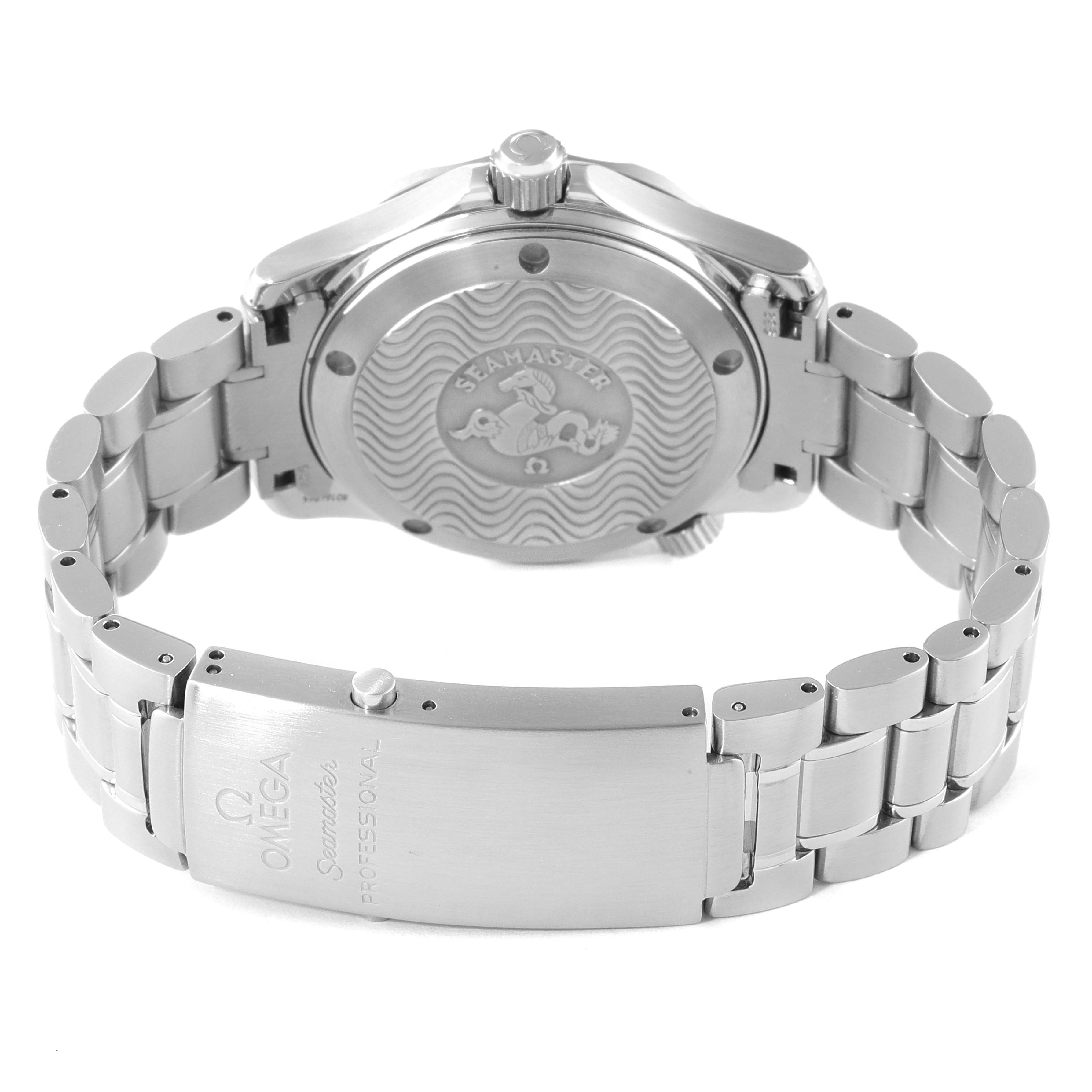 The image shows the back view of the Omega Seamaster 2252.50.00 Men's Stainless Steel Black Dial 2252.50.00 Men's Stainless Steel Black Dial watch, highlighting its case back and metal bracelet clasp.