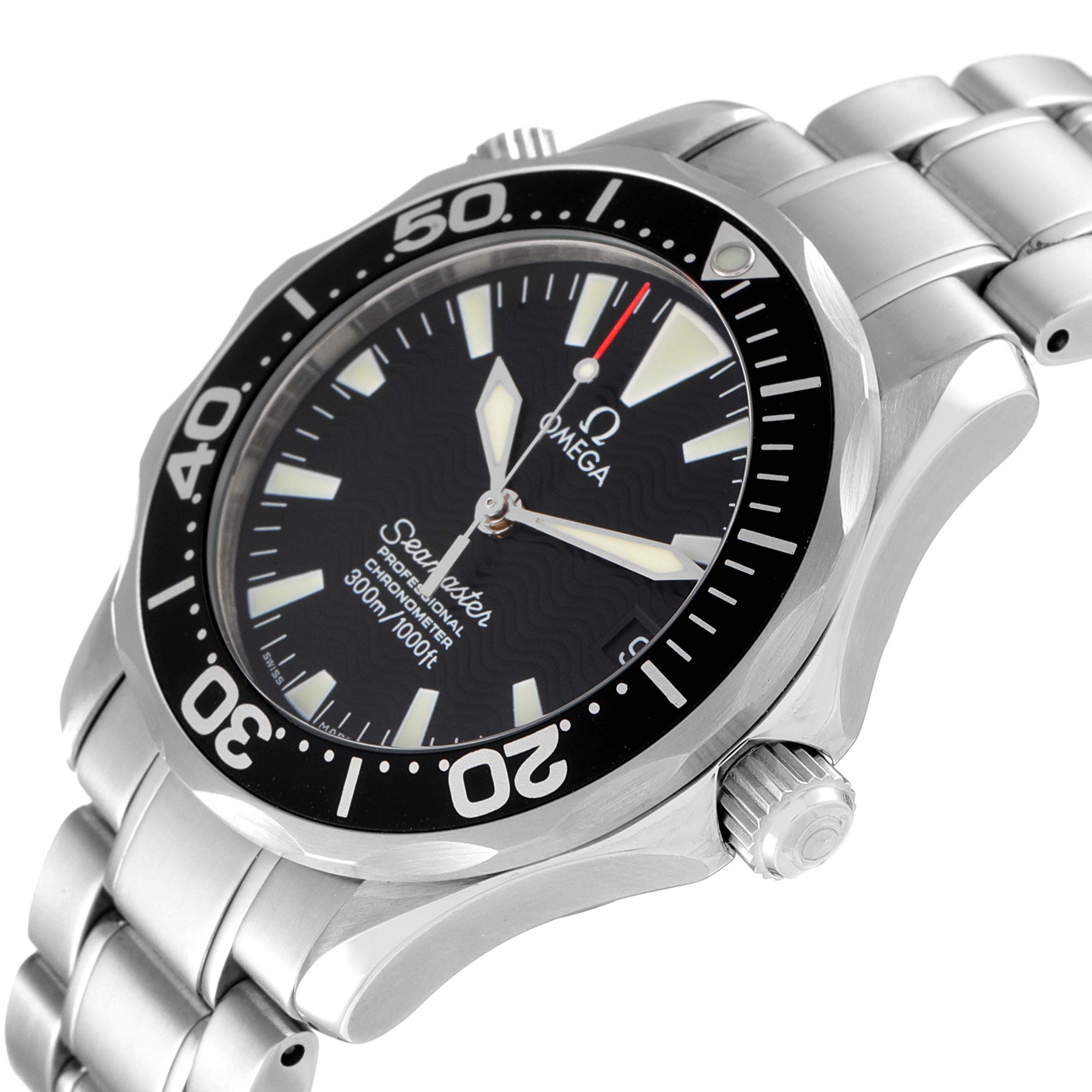 The image shows a side angle of an Omega Seamaster 2252.50.00 Men's Stainless Steel Black Dial 2252.50.00 Men's Stainless Steel Black Dial watch, including the face, bezel, crown, and part of the bracelet.