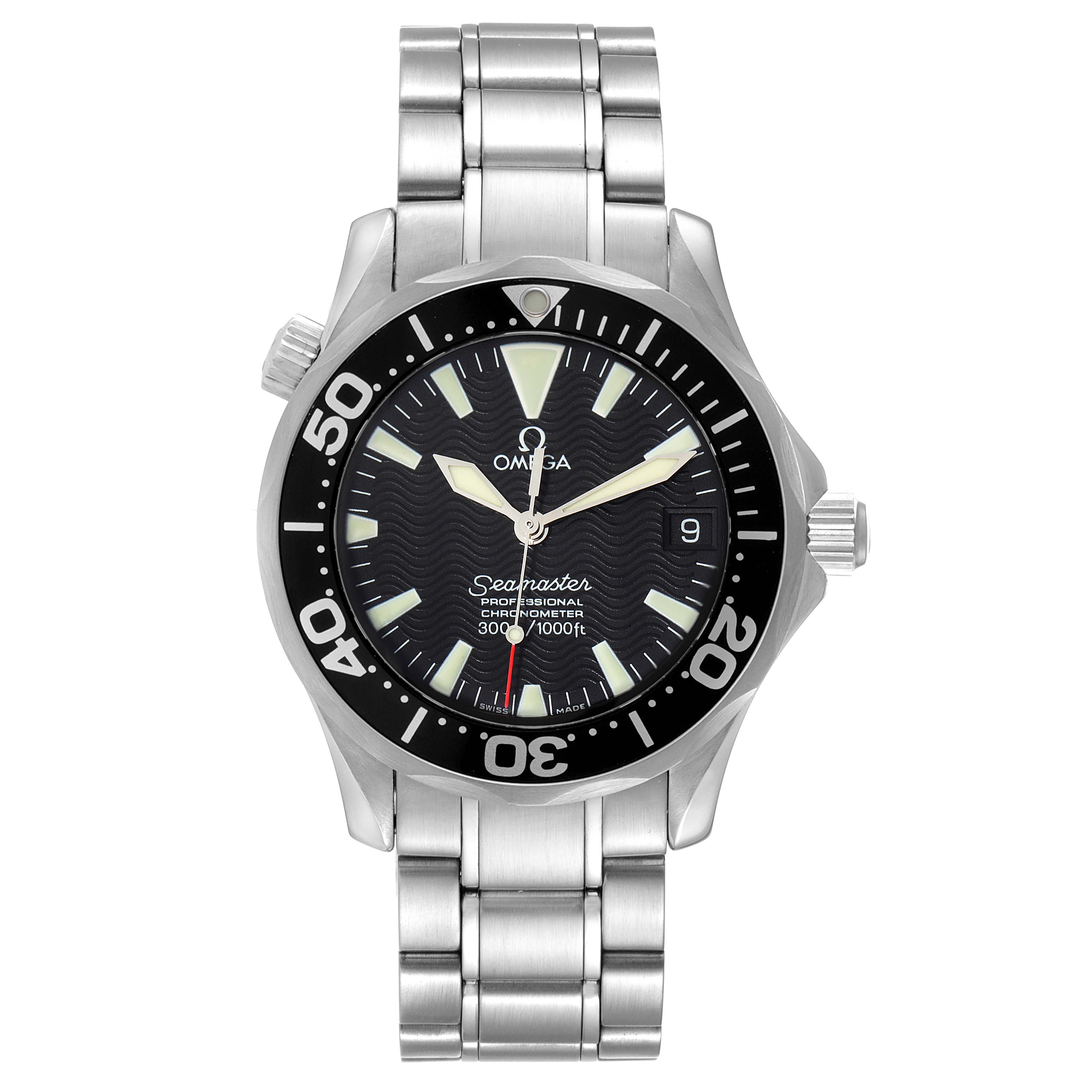 The image shows a front view of the Omega Seamaster 2252.50.00 Men's Stainless Steel Black Dial 2252.50.00 Men's Stainless Steel Black Dial watch, showcasing its dial, bezel, crown, and stainless steel bracelet.