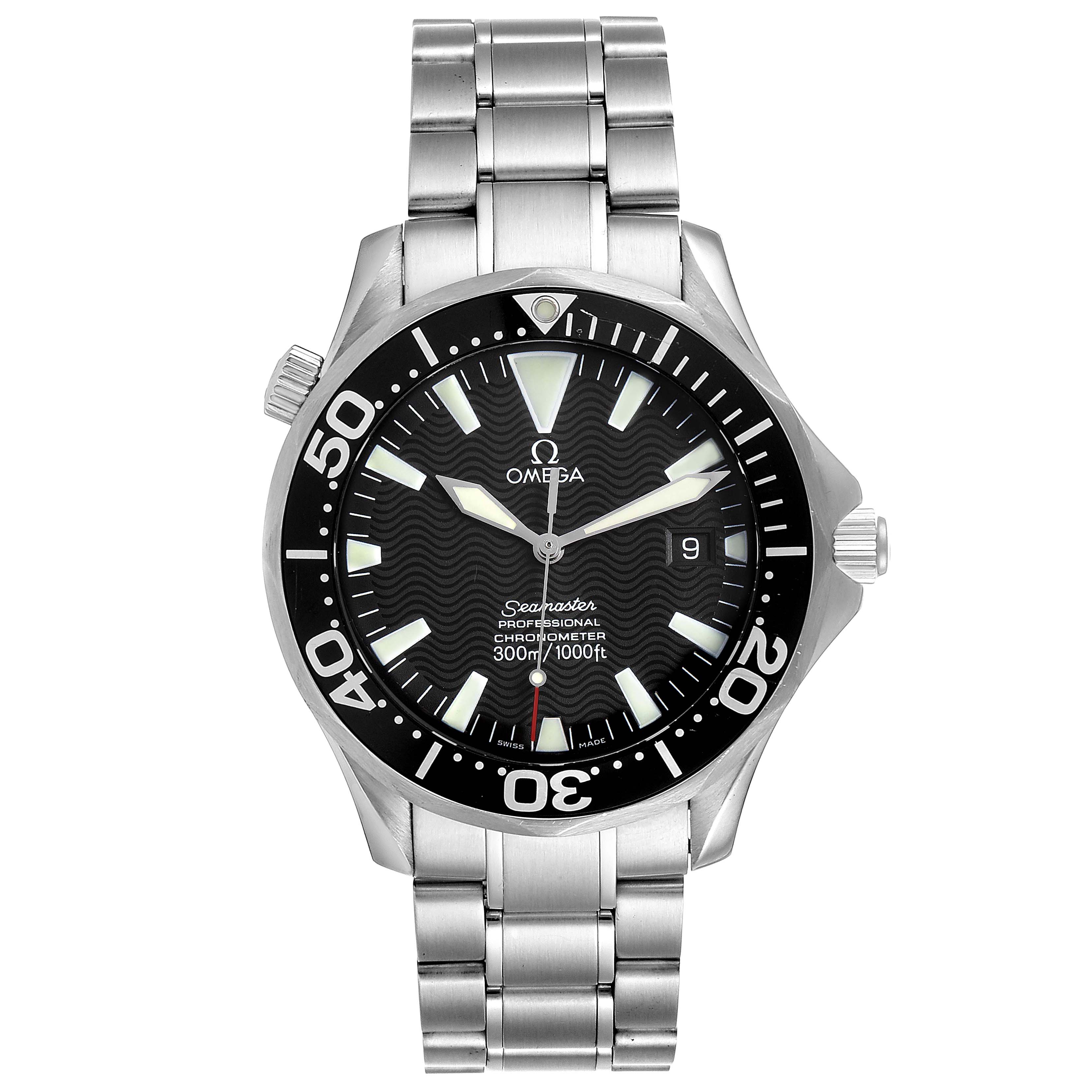 This image shows a front view of the Omega Seamaster 2254.50.00 Men
s Stainless Steel Black Dial 2254.50.00 Men
s Stainless Steel Black Dial watch, displaying its face, bezel, and metal bracelet.