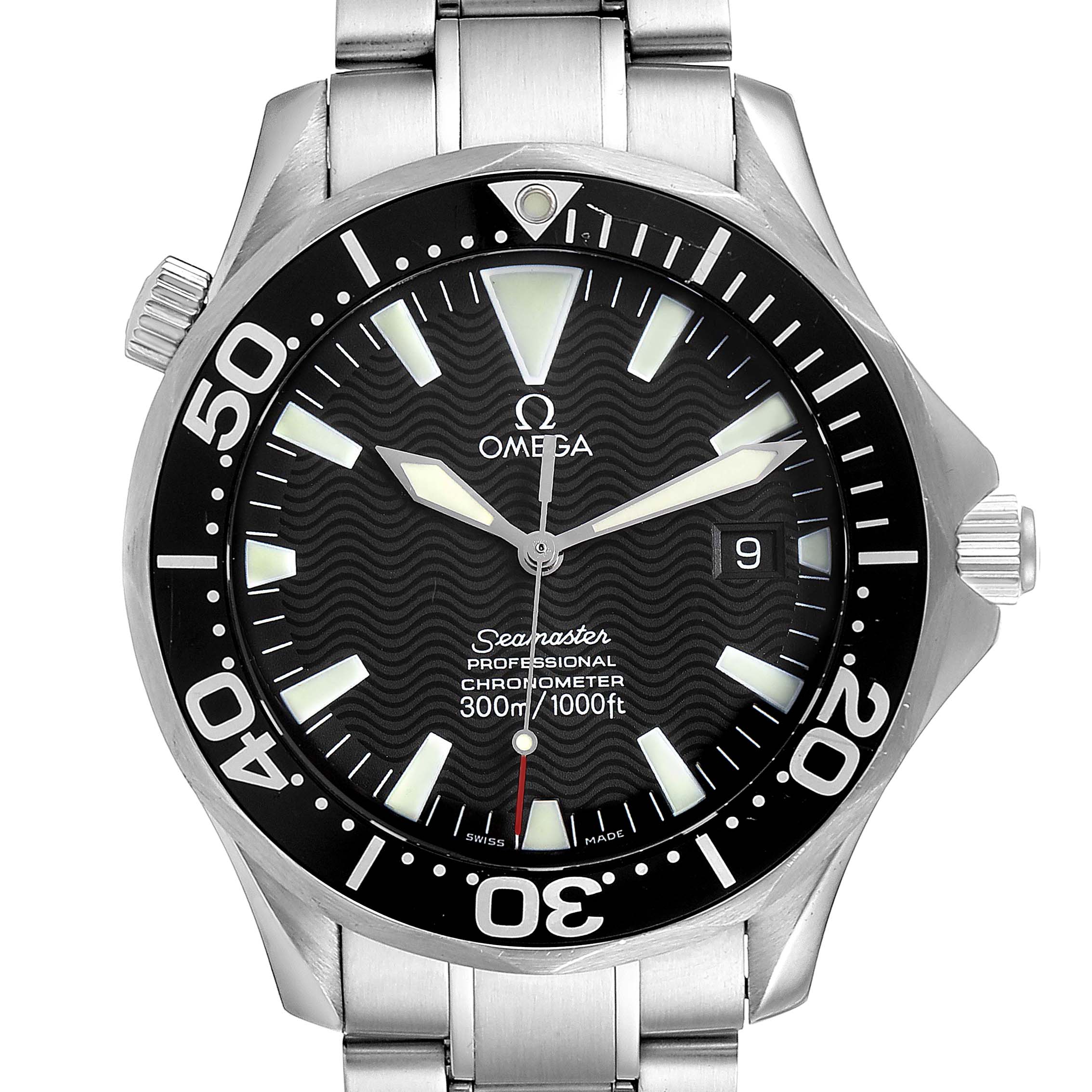 The image shows a front view of the Omega Seamaster 2254.50.00 Men
s Stainless Steel Black Dial 2254.50.00 Men
s Stainless Steel Black Dial watch, highlighting its dial, bezel, and part of the bracelet.