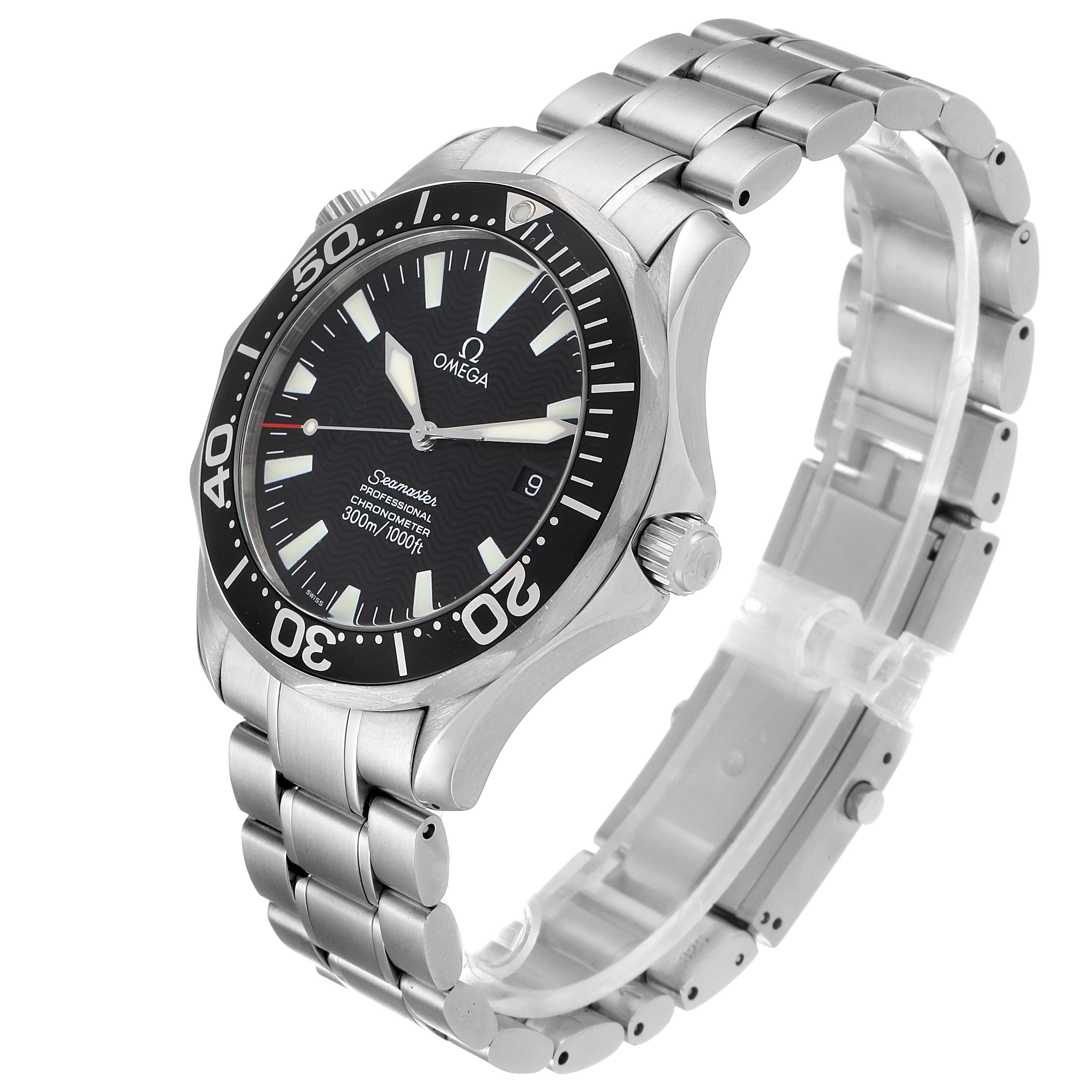 The Omega Seamaster 2254.50.00 Men
s Stainless Steel Black Dial 2254.50.00 Men
s Stainless Steel Black Dial watch is shown at a three-quarter angle, highlighting the face, bezel, crown, and stainless steel bracelet.