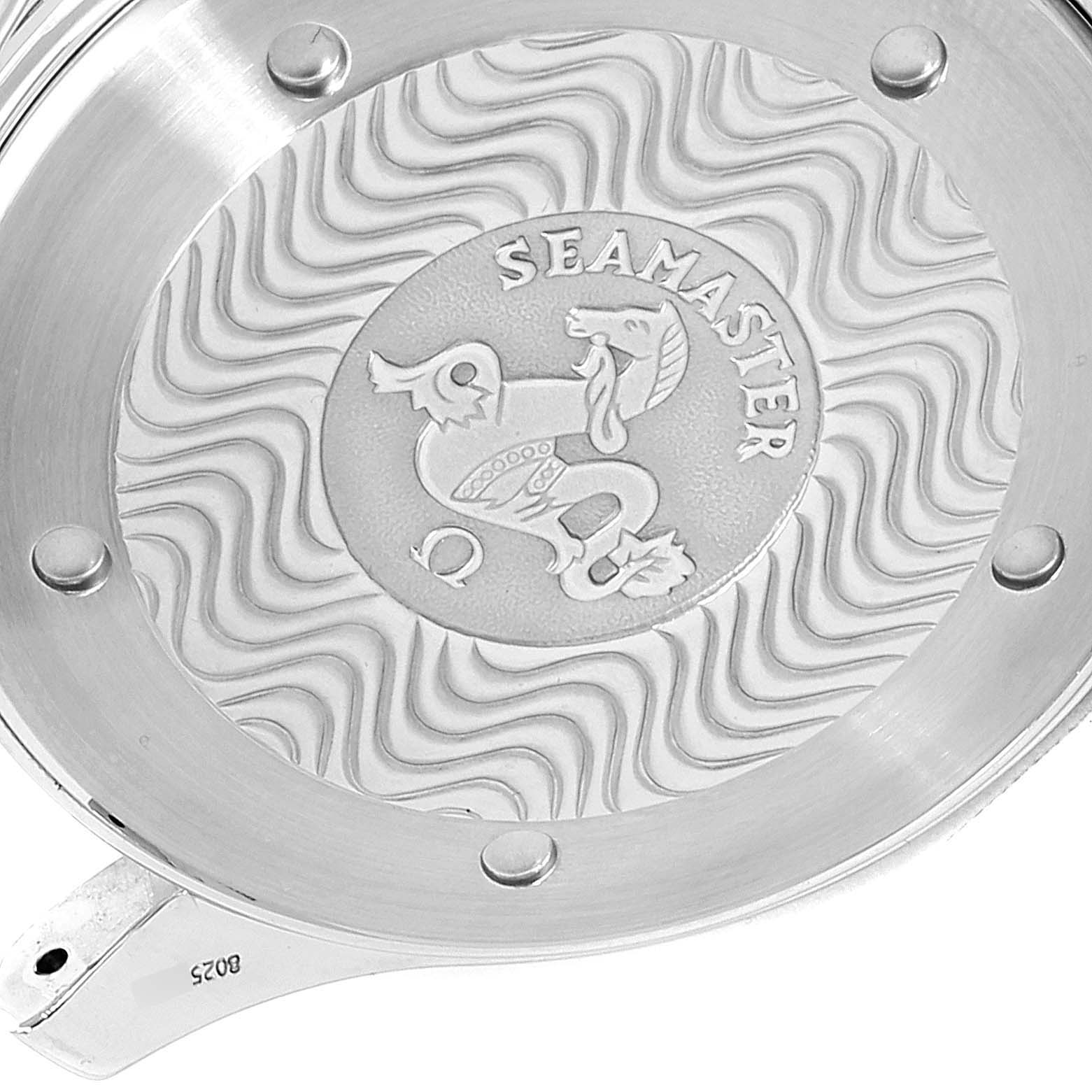 The image shows the case back of an Omega Seamaster 2254.50.00 Men
s Stainless Steel Black Dial 2254.50.00 Men
s Stainless Steel Black Dial watch, featuring embossed details and the Seamaster logo.